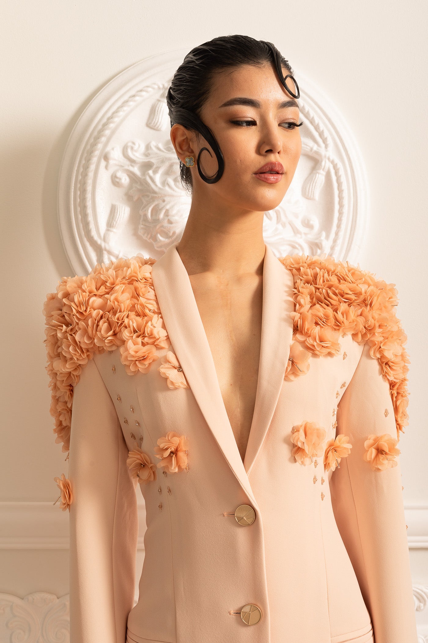 Long Overcoat With 3D Contrasting Floral Shoulder And Back Accents - Peach