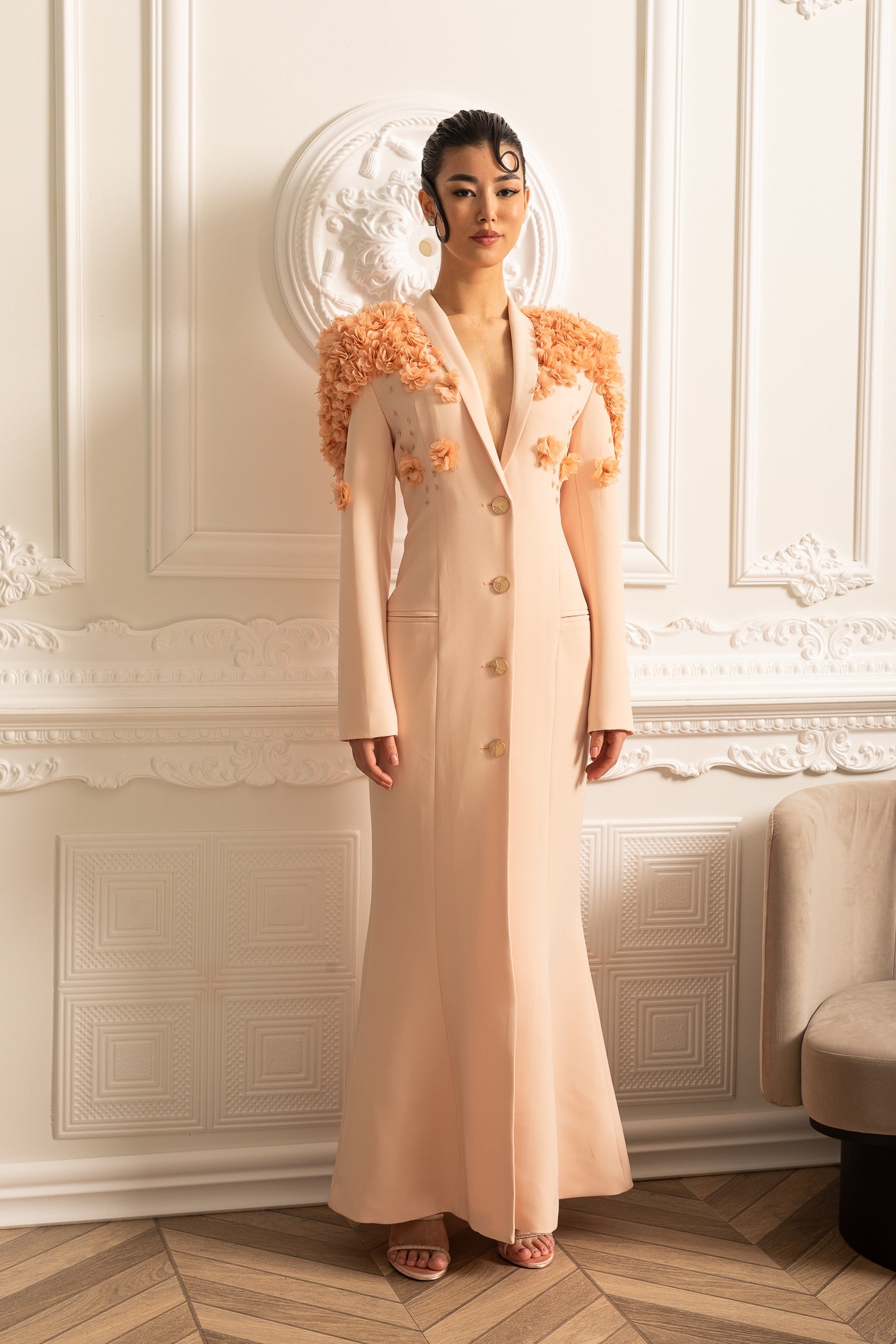 Long Overcoat With 3D Contrasting Floral Shoulder And Back Accents - Peach