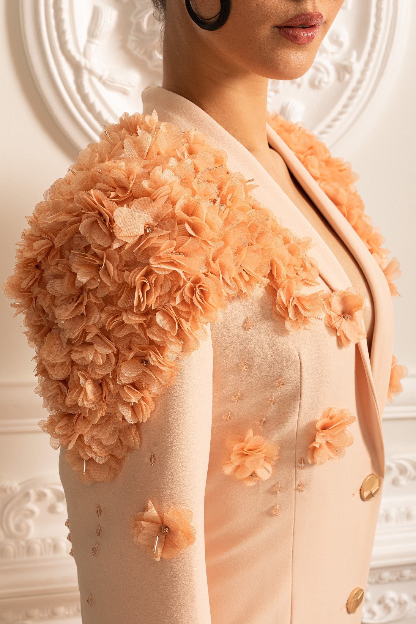 Long Overcoat With 3D Contrasting Floral Shoulder And Back Accents - Peach