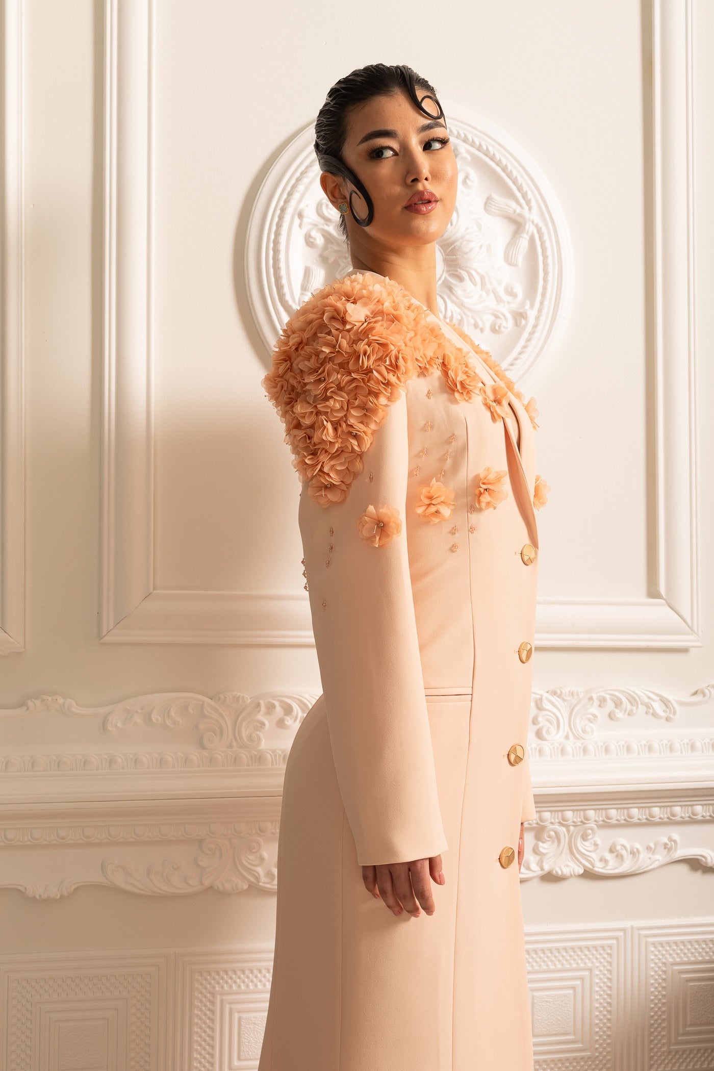 Long Overcoat With 3D Contrasting Floral Shoulder And Back Accents - Peach