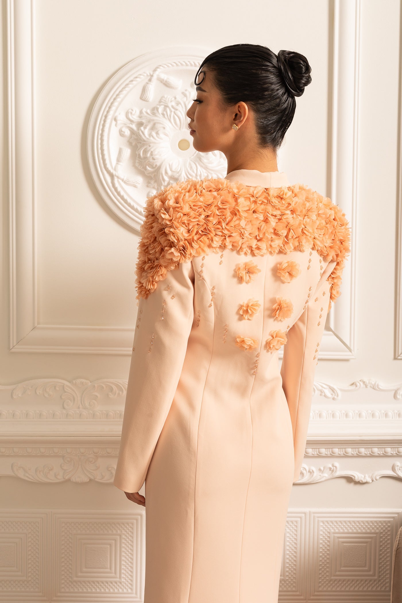 Long Overcoat With 3D Contrasting Floral Shoulder And Back Accents - Peach