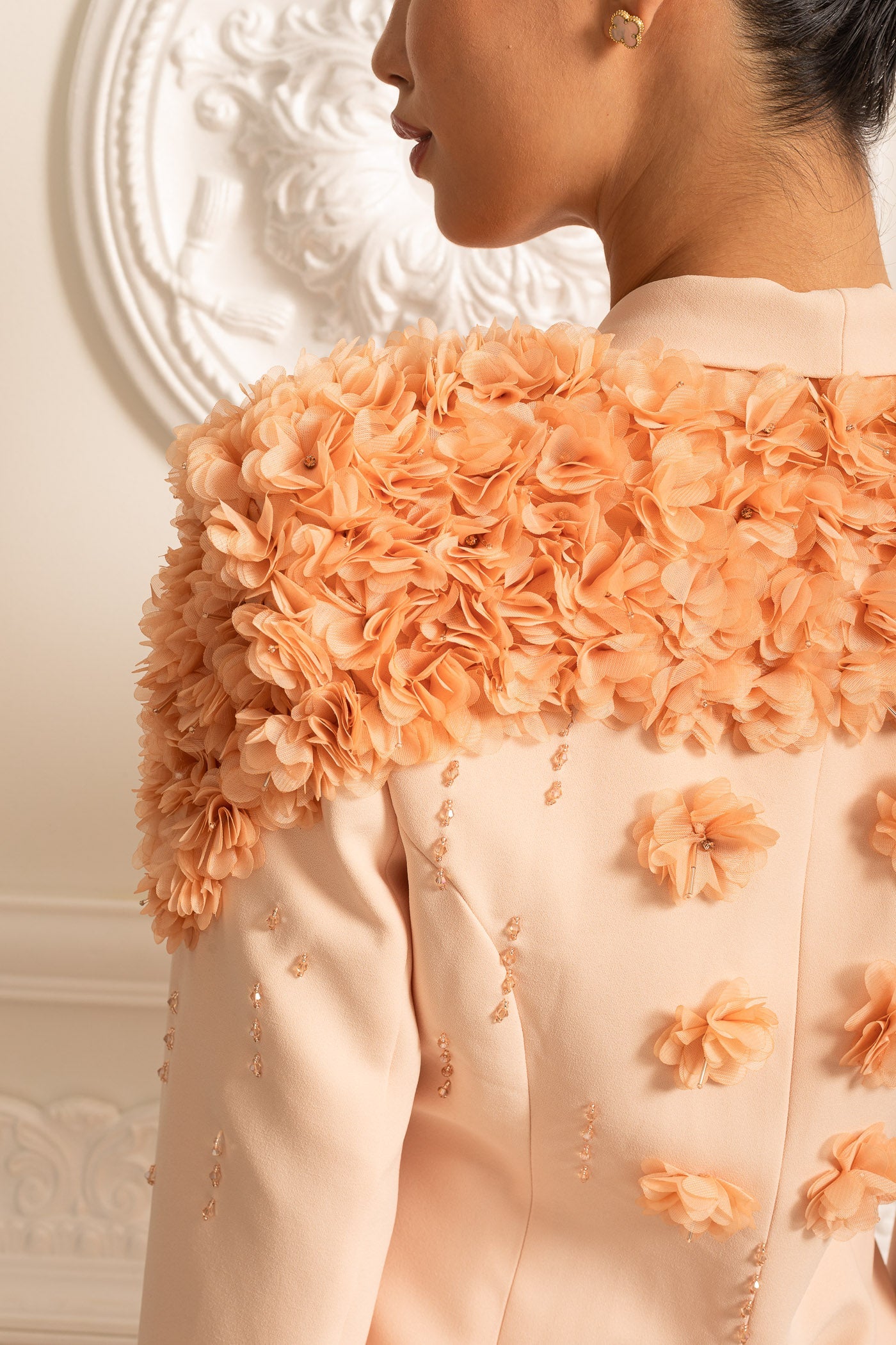 Long Overcoat With 3D Contrasting Floral Shoulder And Back Accents - Peach