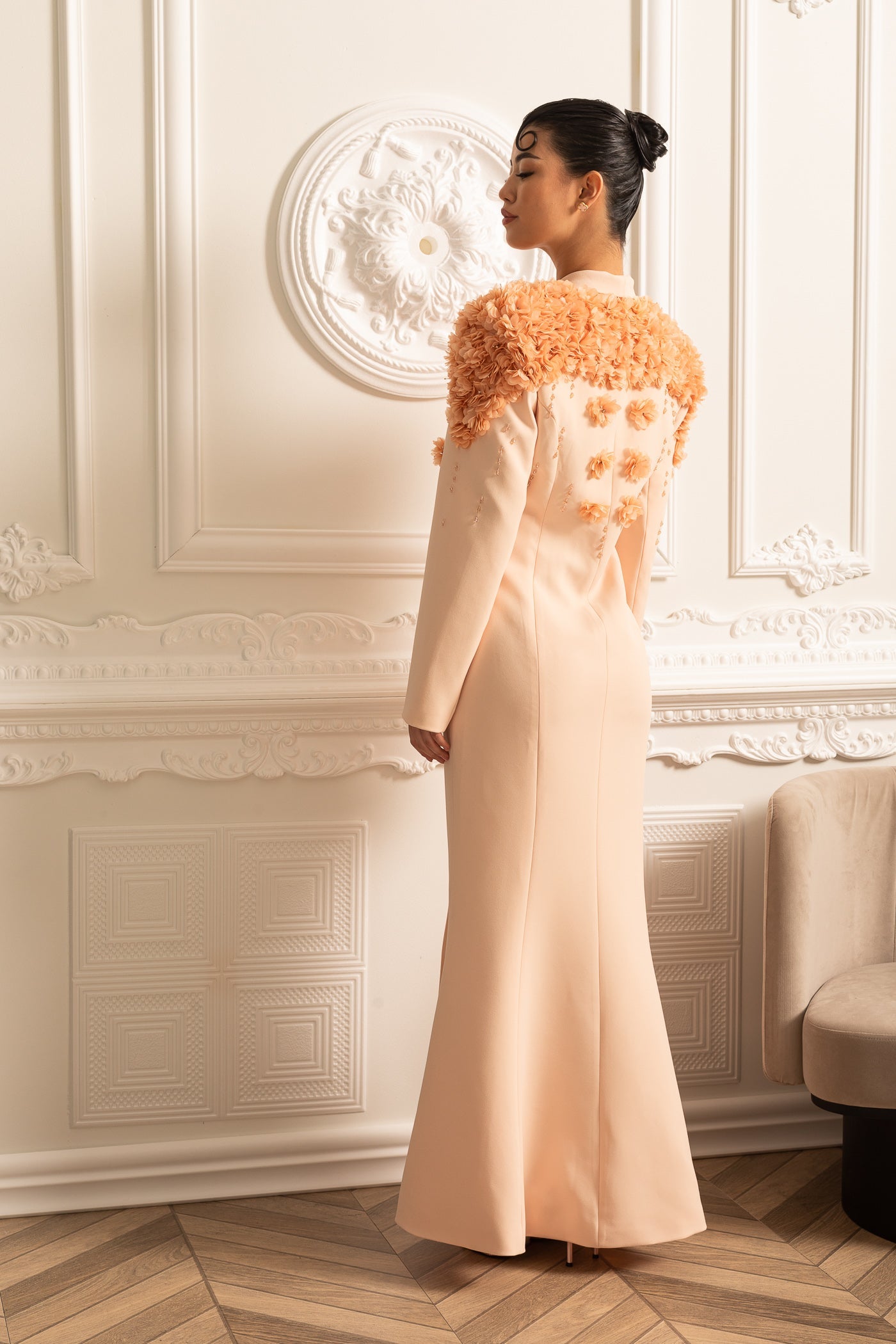Long Overcoat With 3D Contrasting Floral Shoulder And Back Accents - Peach