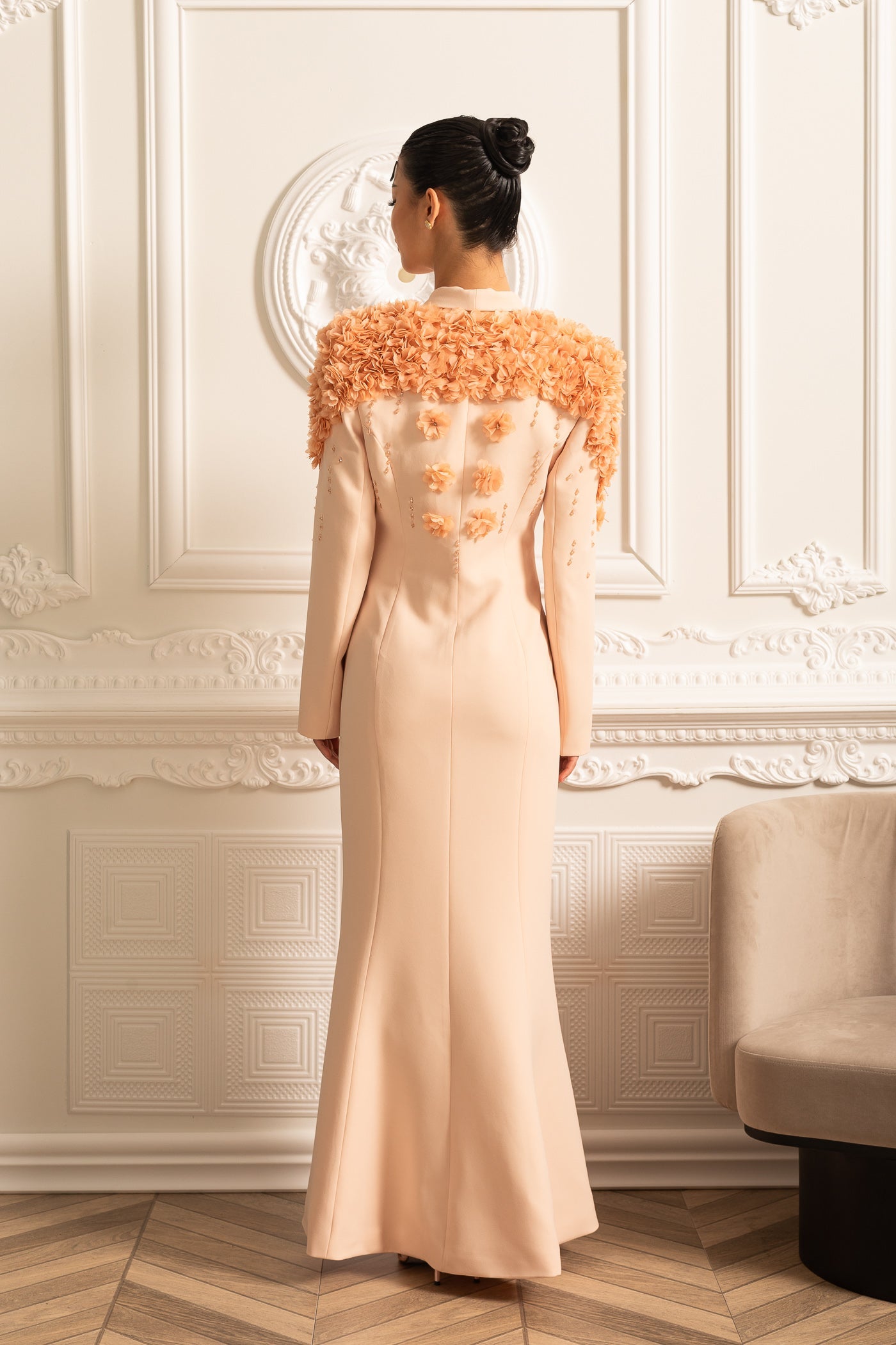 Long Overcoat With 3D Contrasting Floral Shoulder And Back Accents - Peach