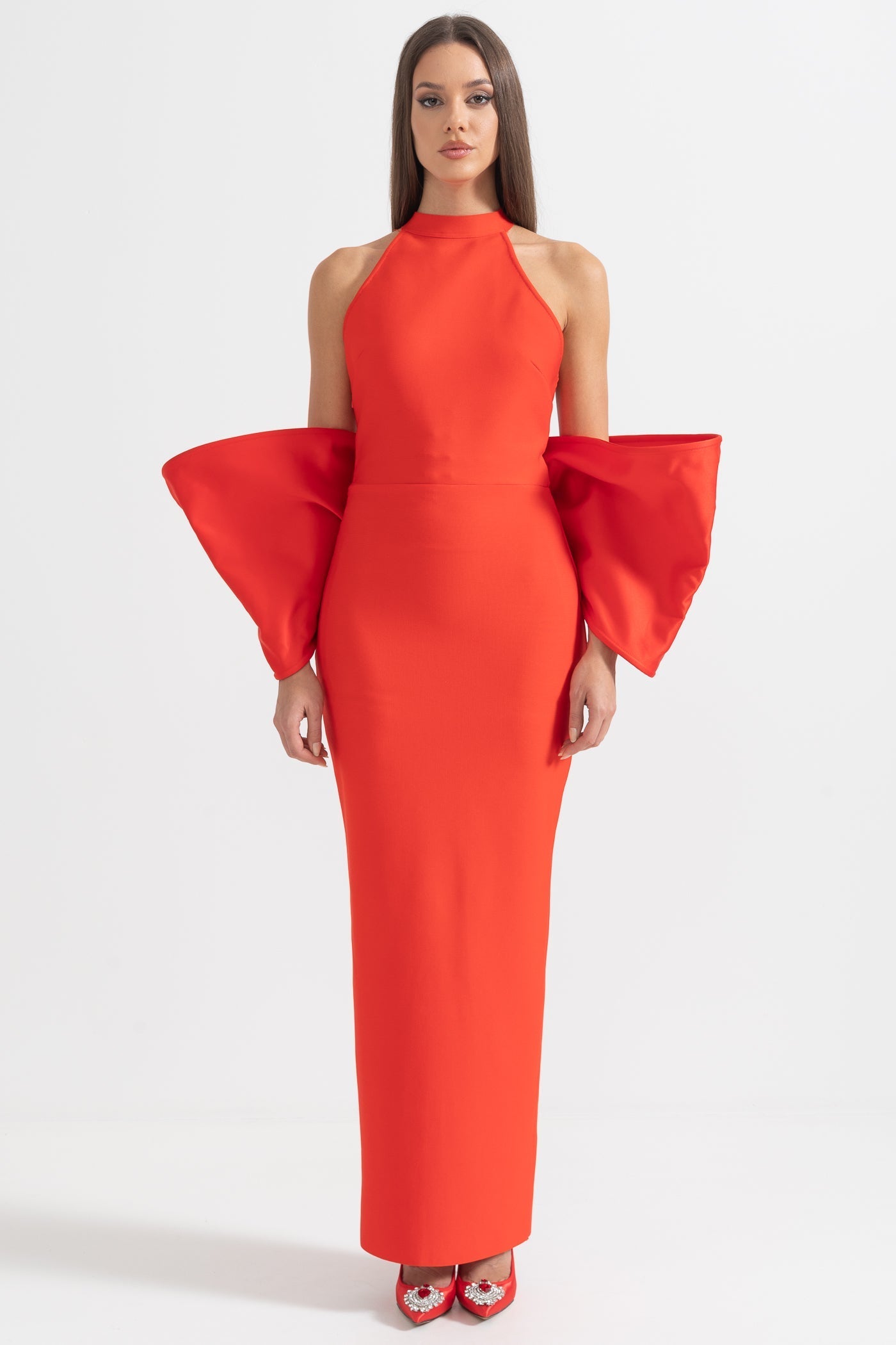 Elegant Dress With Back Bow Details - Red