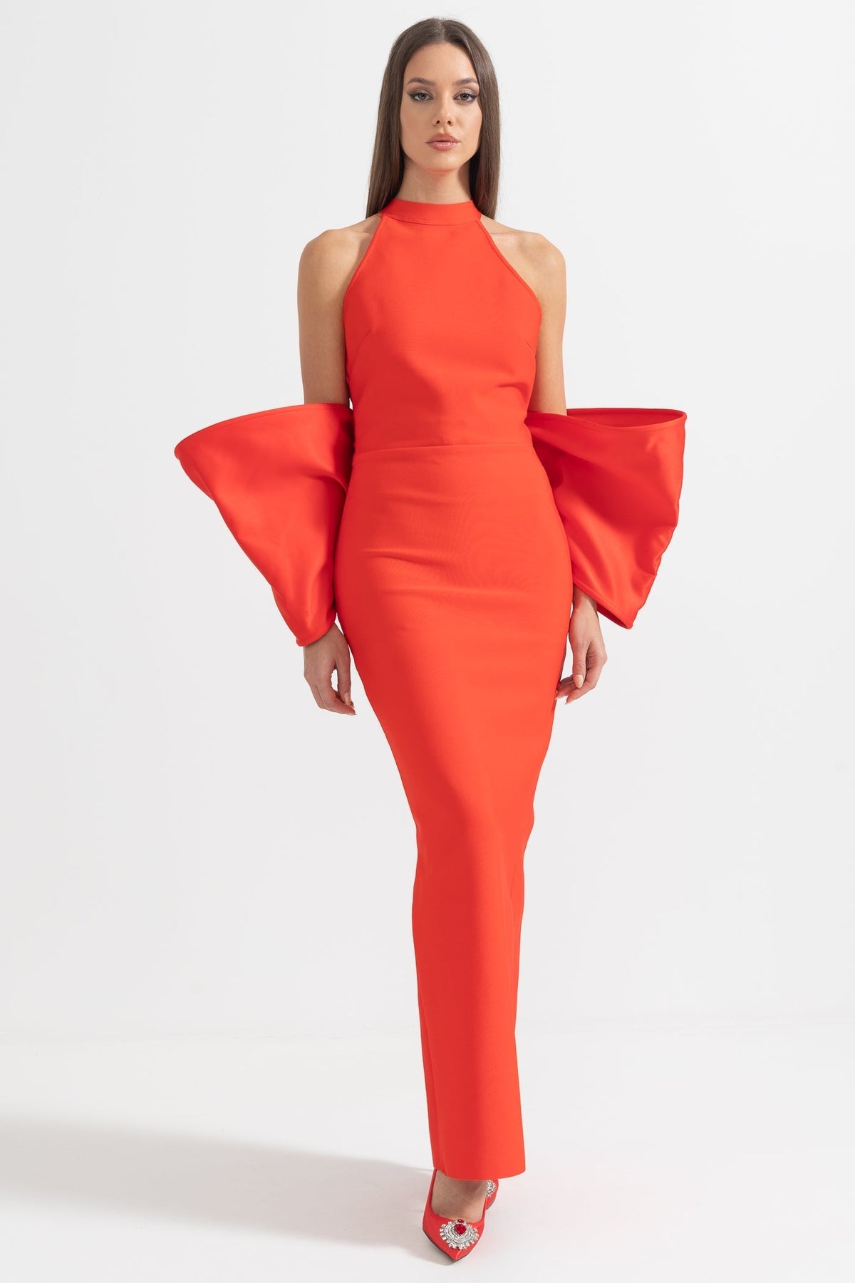 Elegant Dress With Back Bow Details - Red