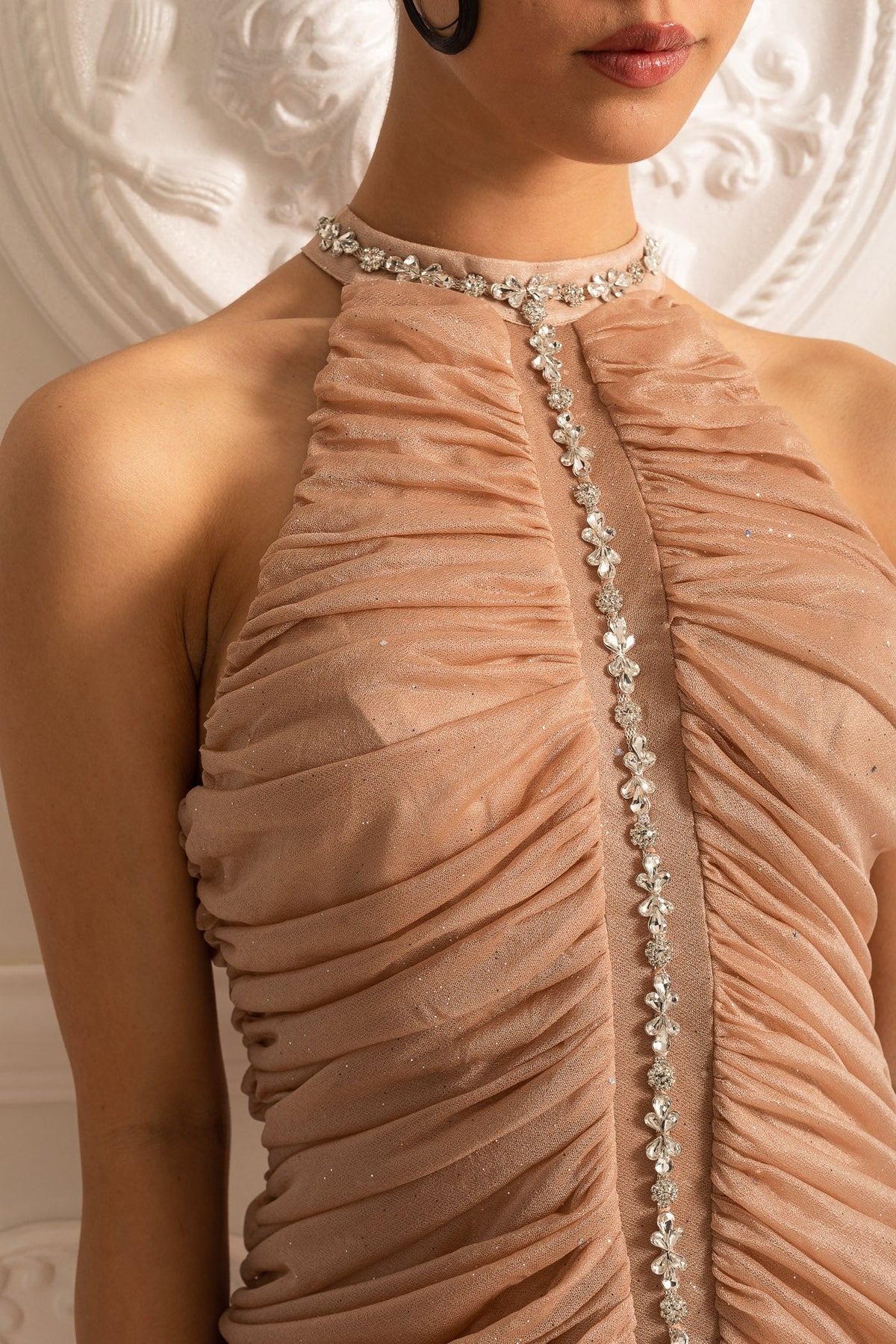 Sleeveless Halter Dress with Pearl Accents - Beige