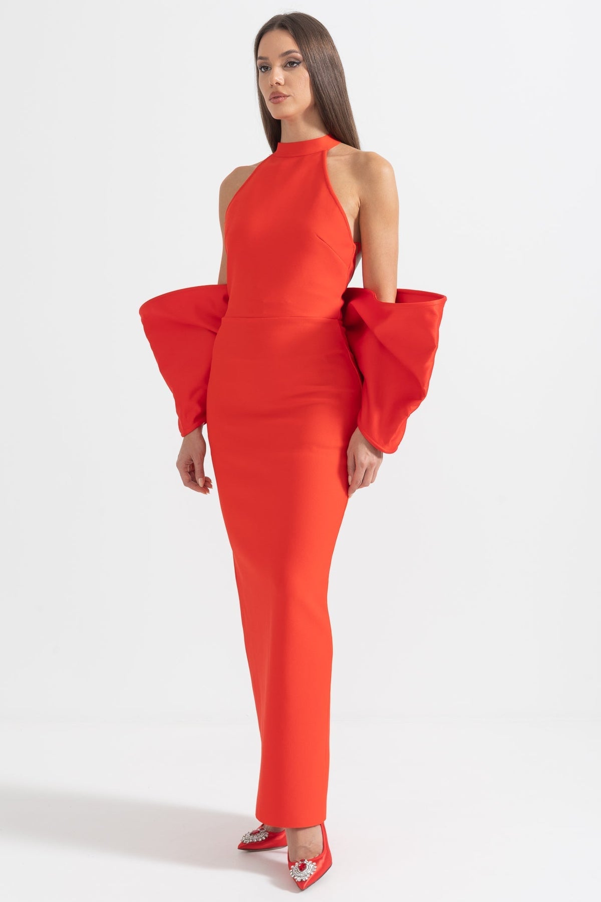 Elegant Dress With Back Bow Details - Red