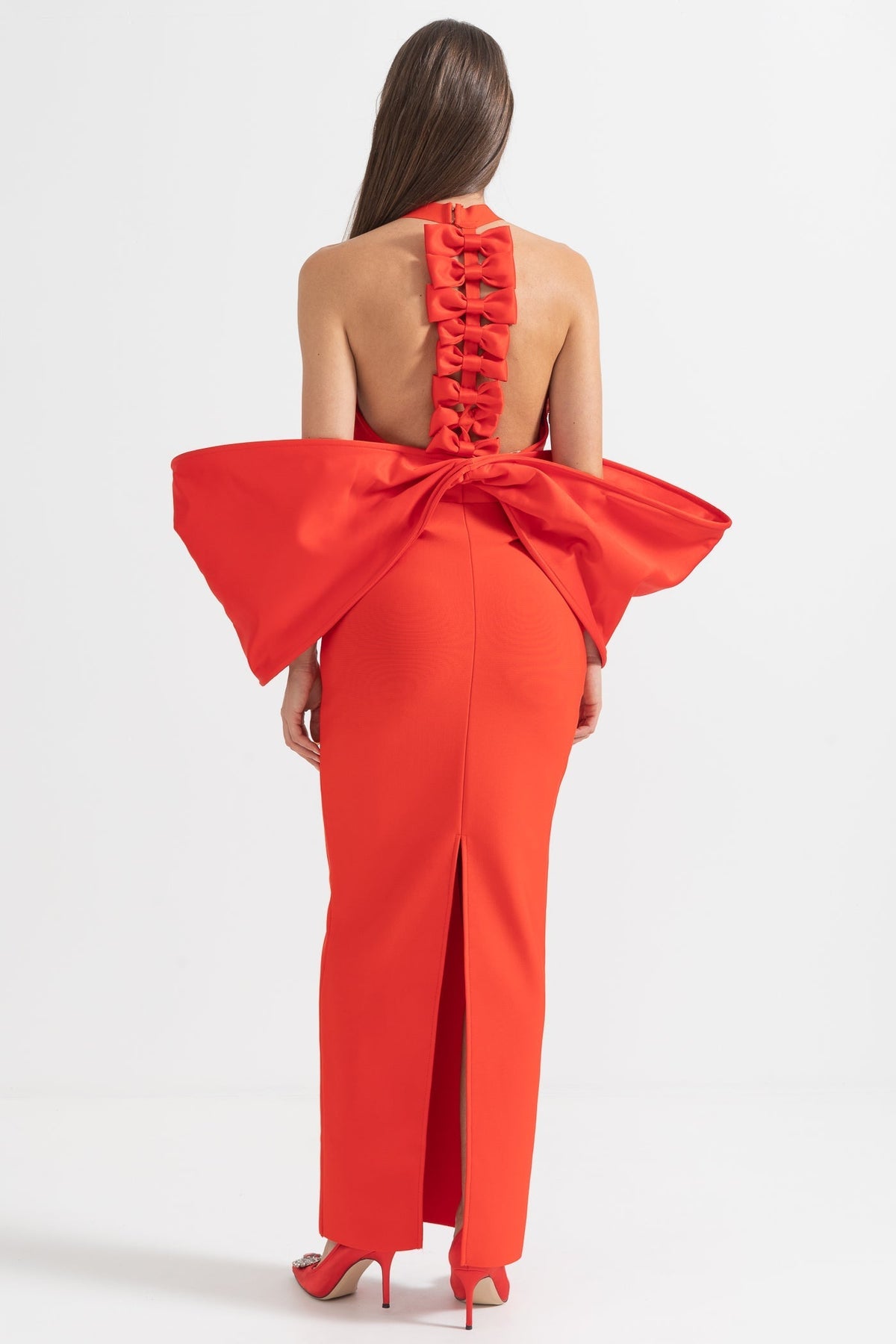 Elegant Dress With Back Bow Details - Red
