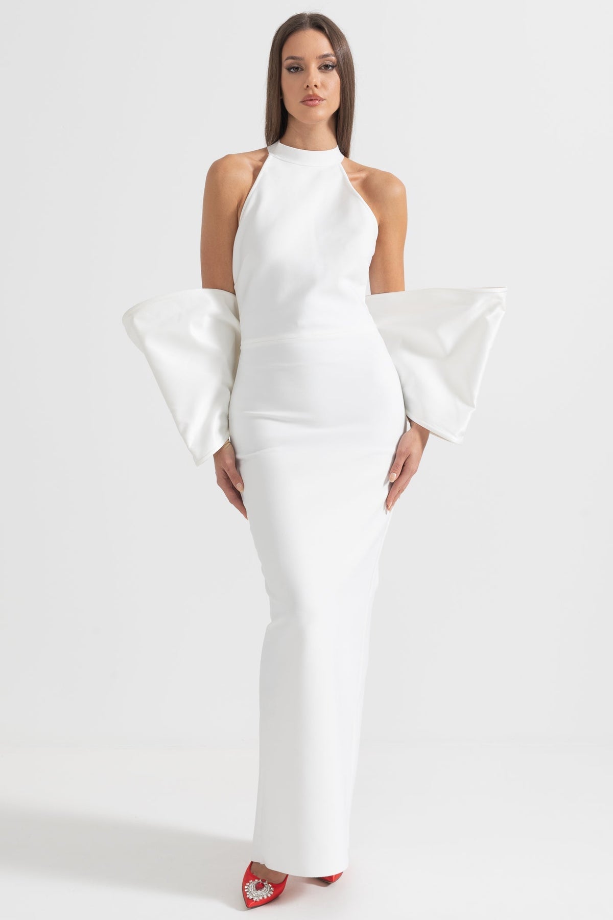 Elegant Dress With Back Bow Details - White