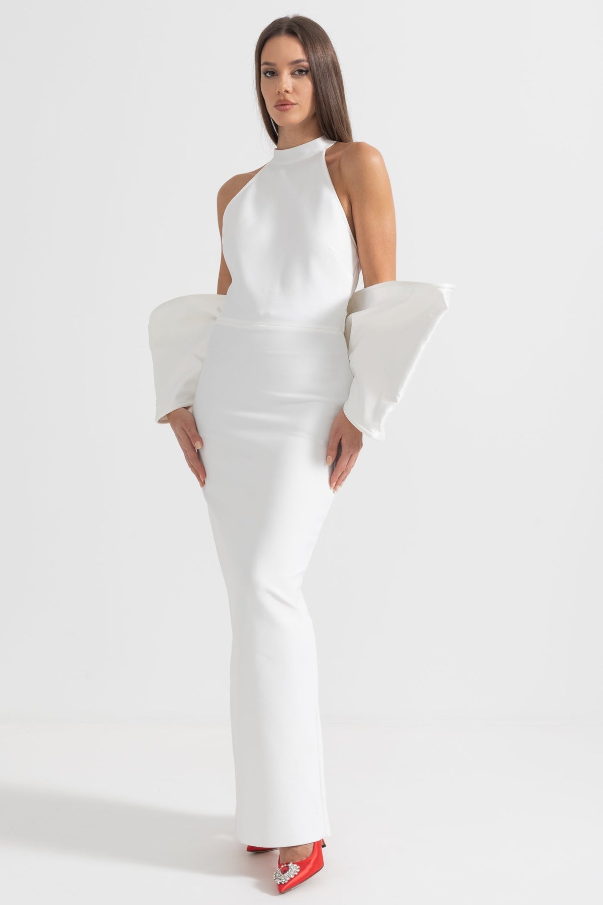 Elegant Dress With Back Bow Details - White