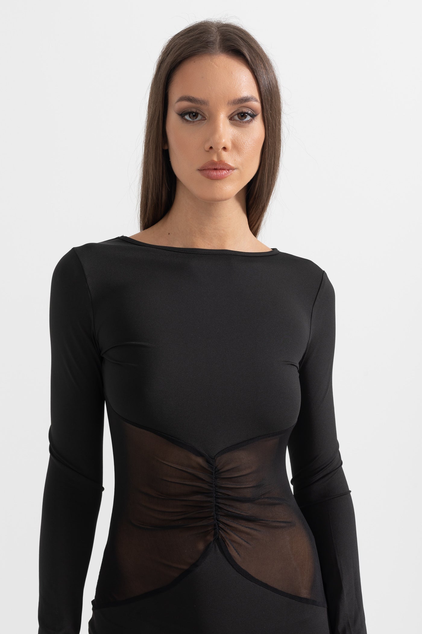 Elegant Long Dress With See-Through Waist - Black