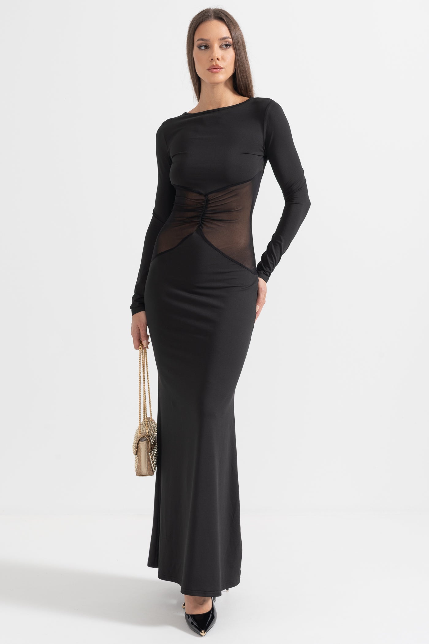 Elegant Long Dress With See-Through Waist - Black