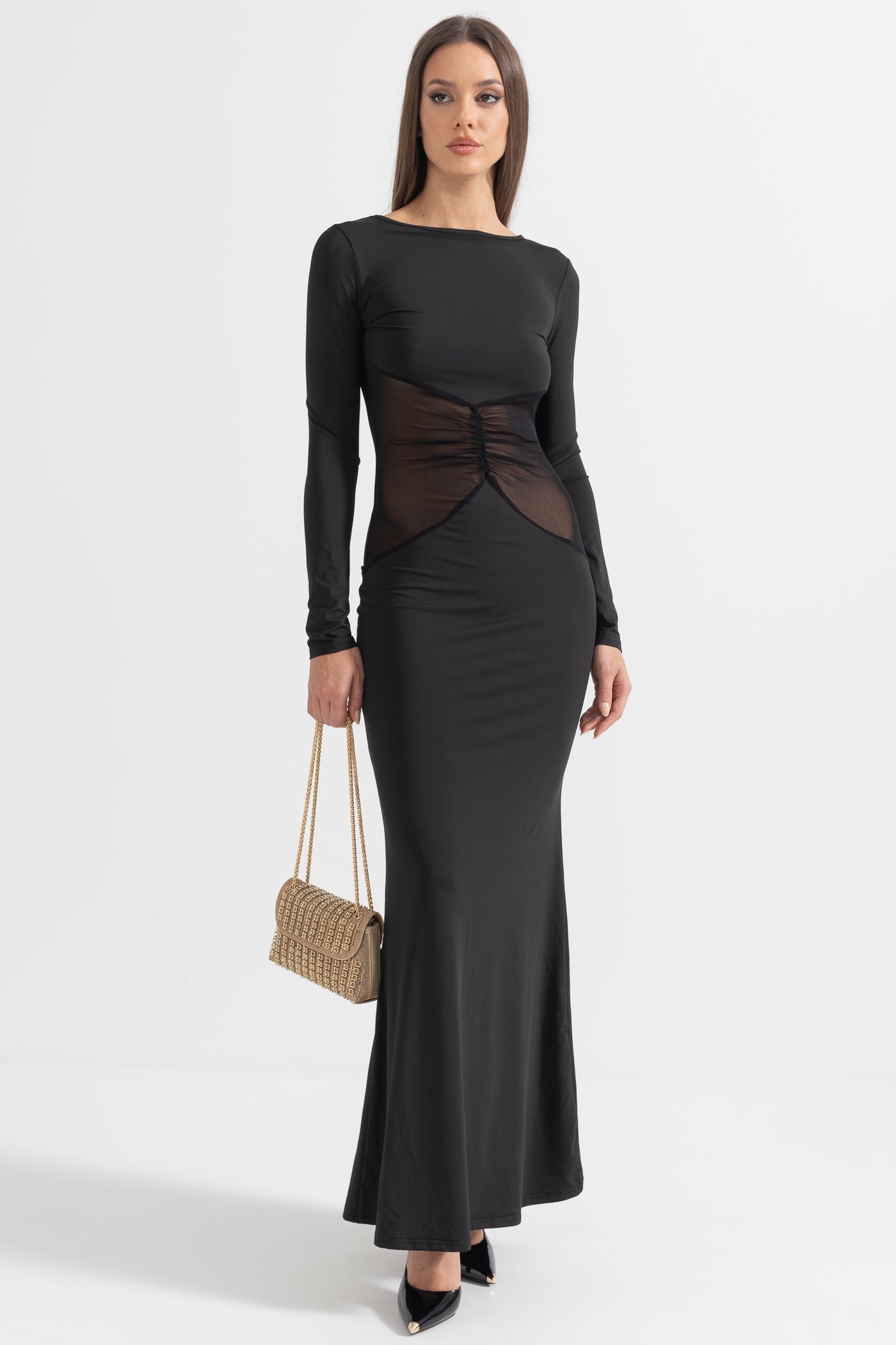 Elegant Long Dress With See-Through Waist - Black