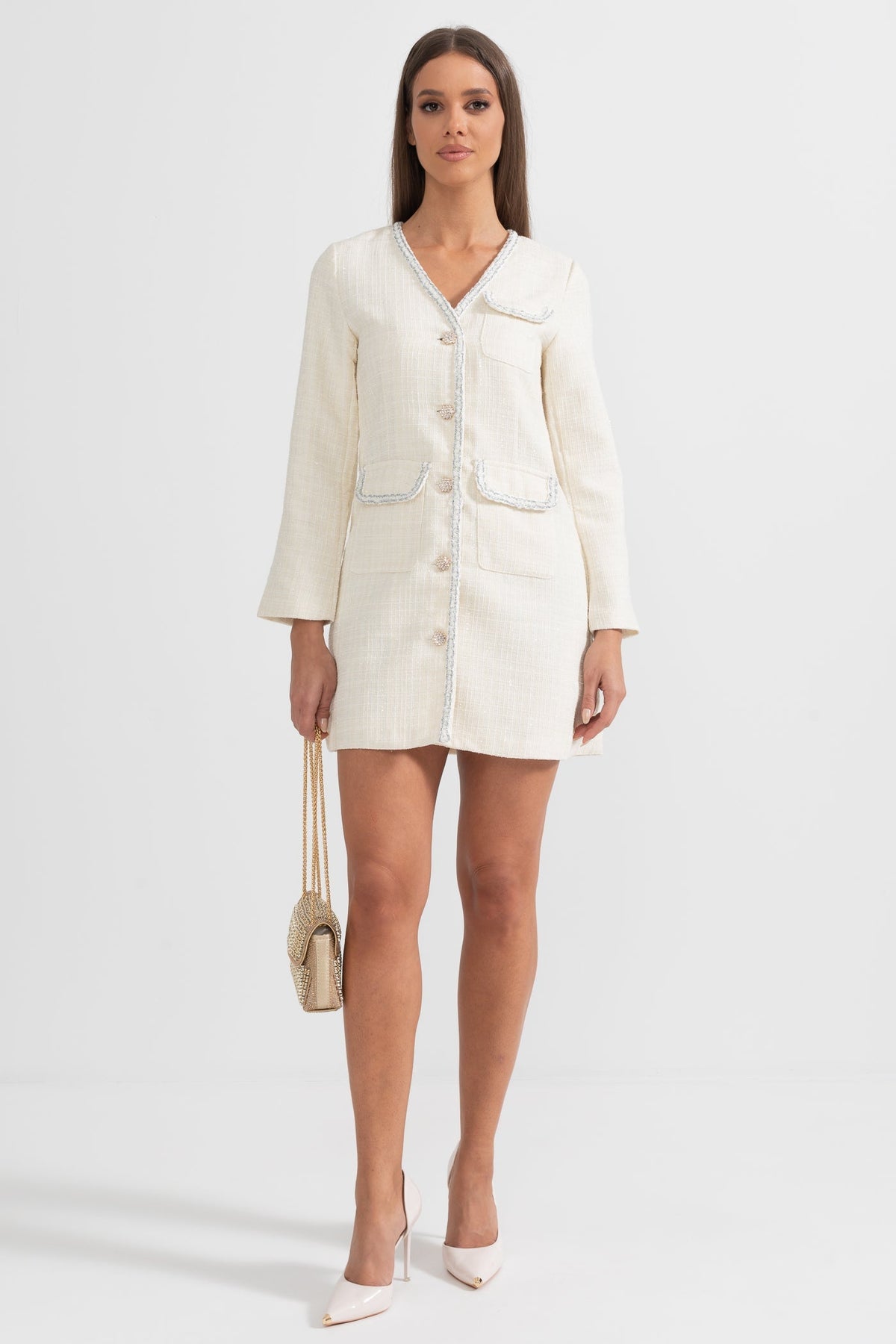 Modern Silver Stitching Dress - White