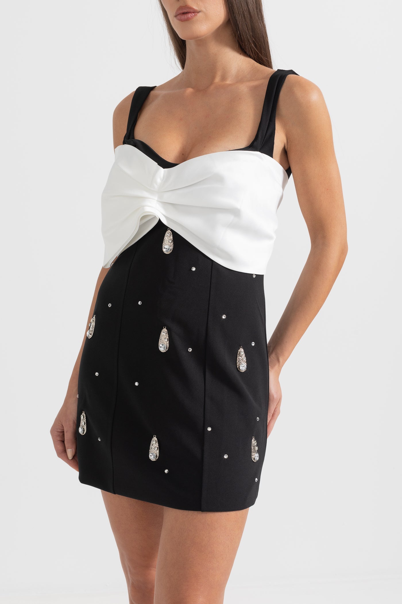 Embellished Mini Dress With White Neckline Bow - Black