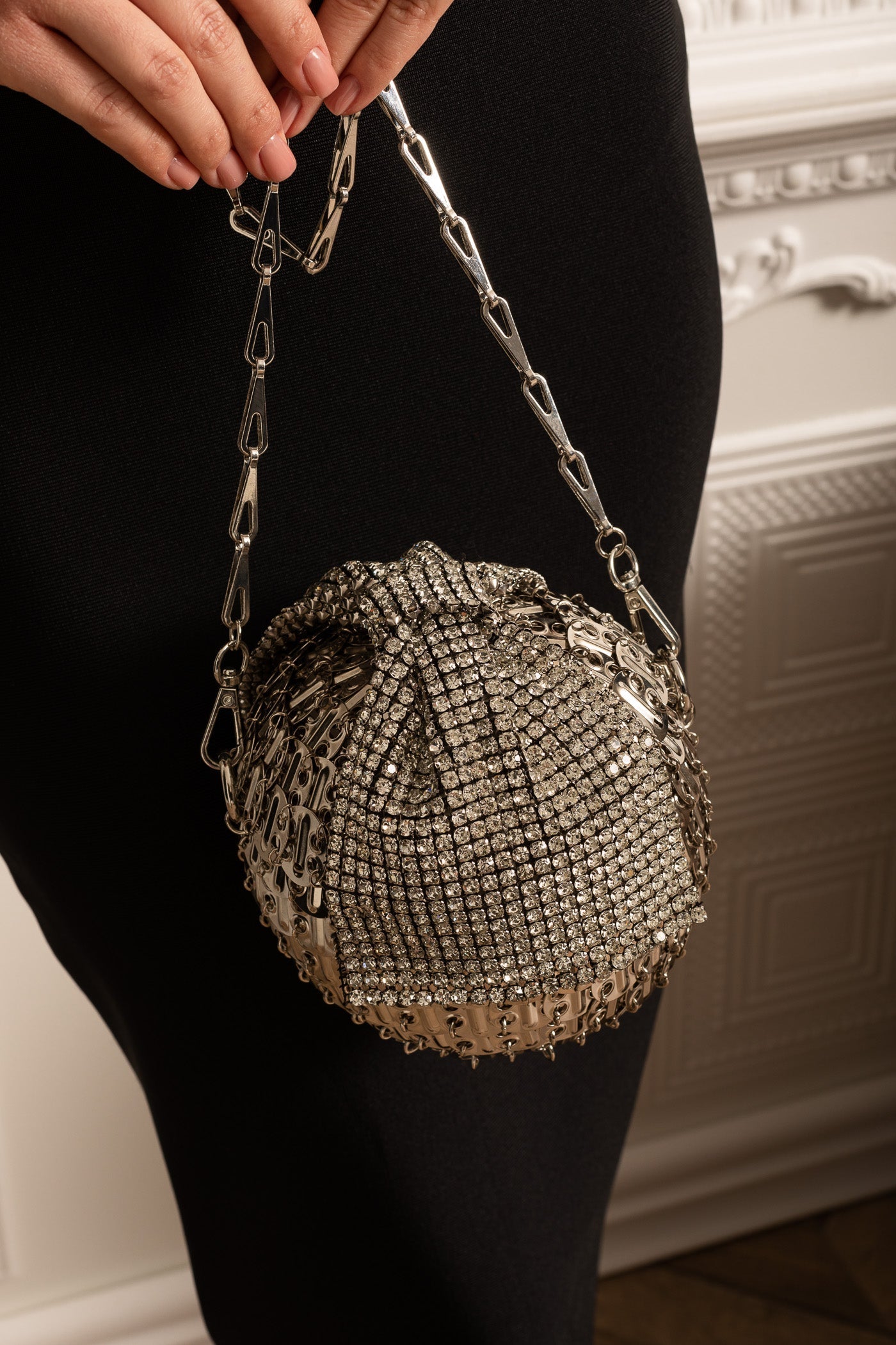 Spherical Metallic Handbag With Shimmering Embellishments - Silver