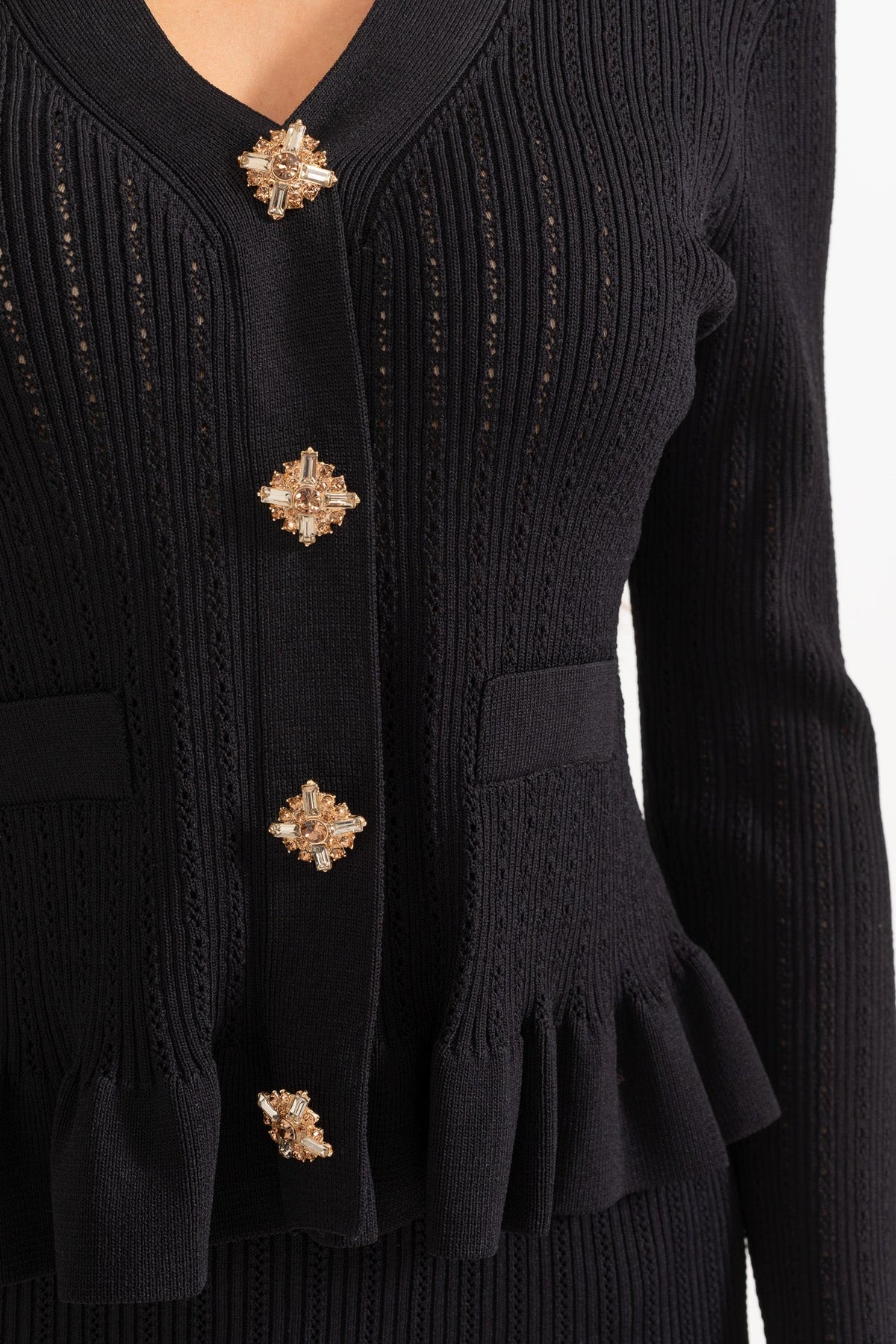 Solange Black Ruffled Jacket & Flared Skirt Knit Matching Set