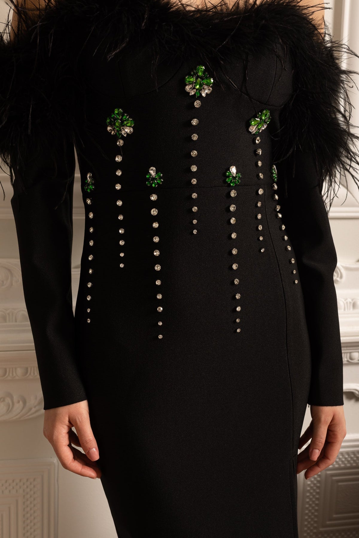 Feather Adorned Dress With Sparkling Embellishments And High-Side Slit - Black