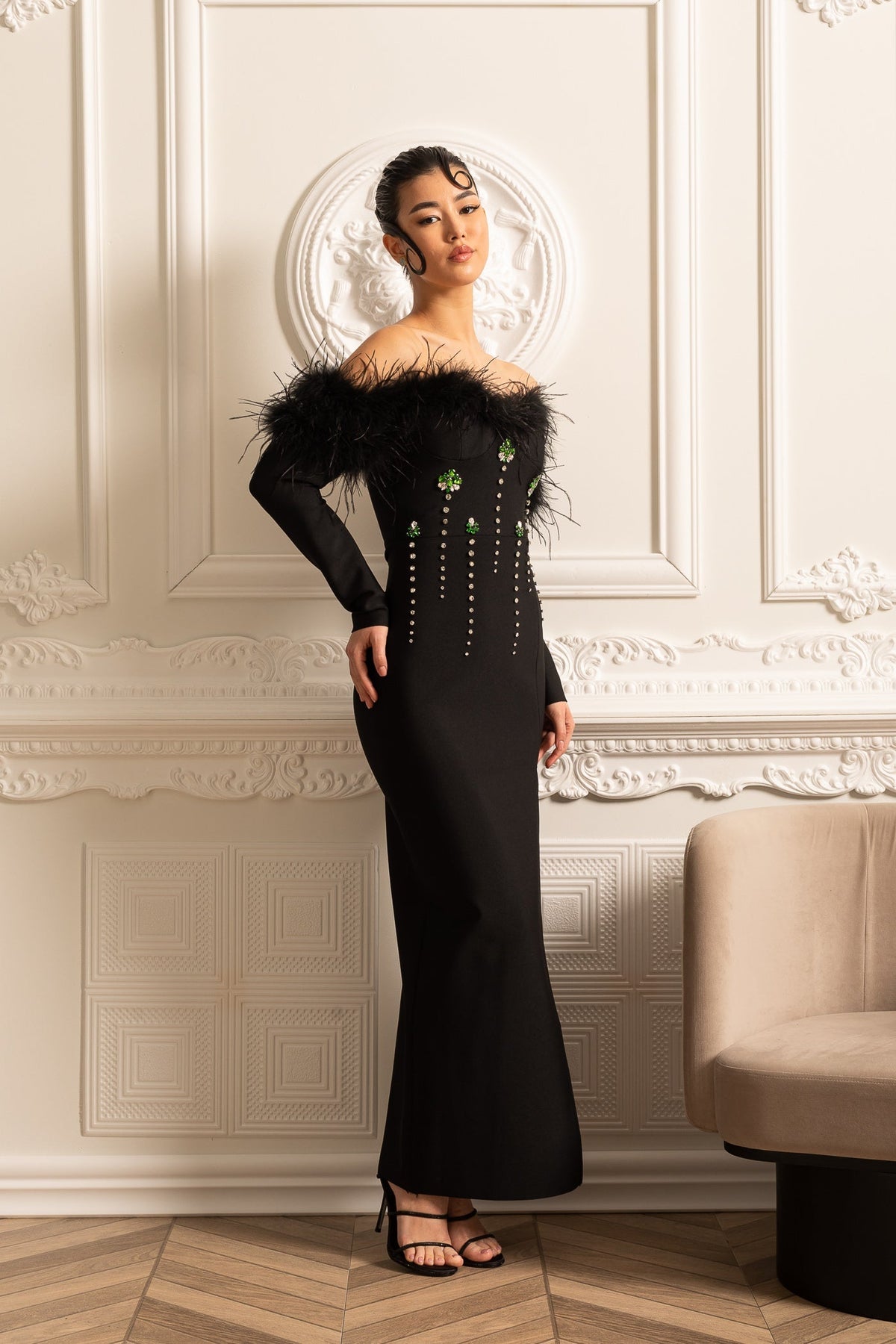Feather Adorned Dress With Sparkling Embellishments And High-Side Slit - Black