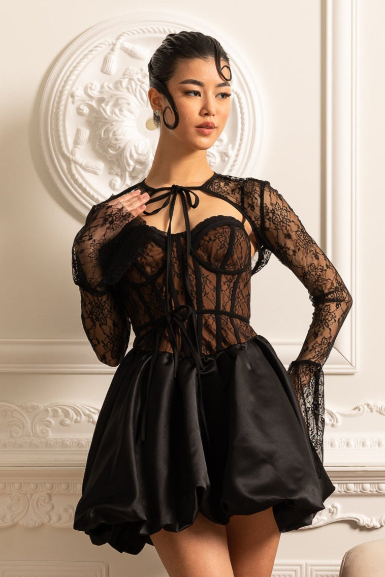Lace Corset Mini Dress With Ribbon Tie Neckline