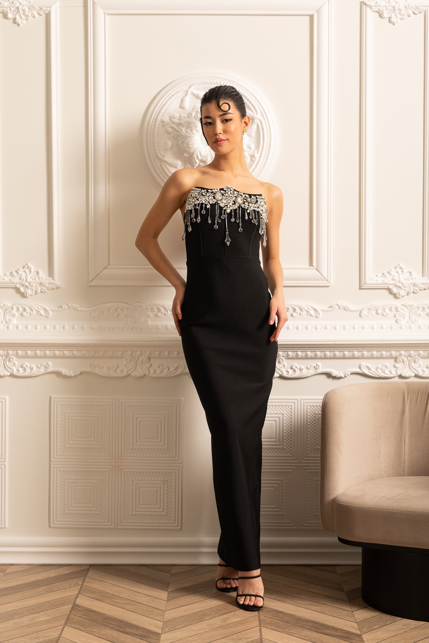 Elegant Fitted Corset Dress With Sparkling Silver Embellishments - Black
