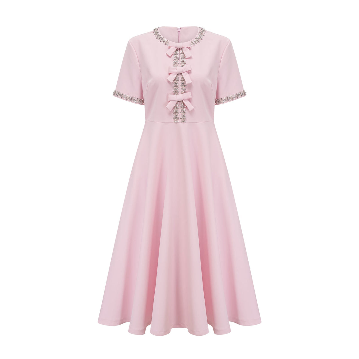 Cassi crystal-accented pink bow midi dress