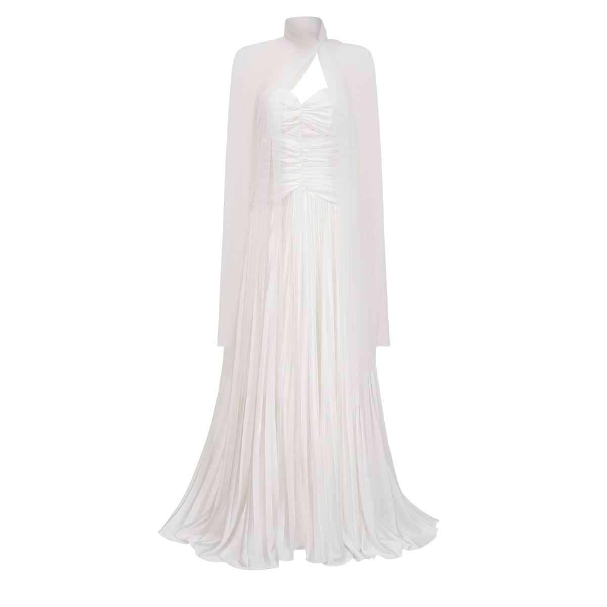 Palesa White Pleated Glossy Maxi Dress & Cape Set (Final Sale-US Only)