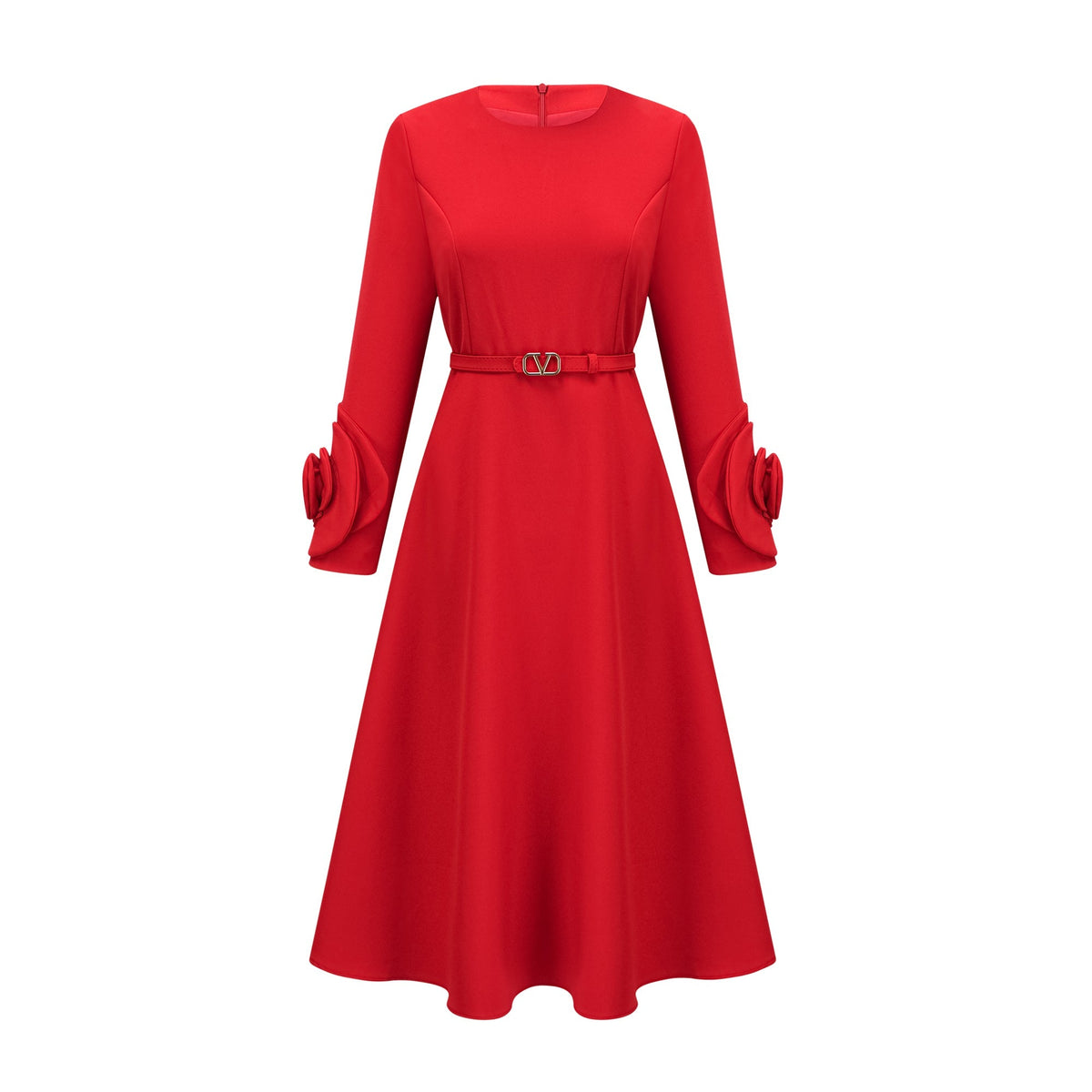 Aurelia red long-sleeve dress with floral embellishments