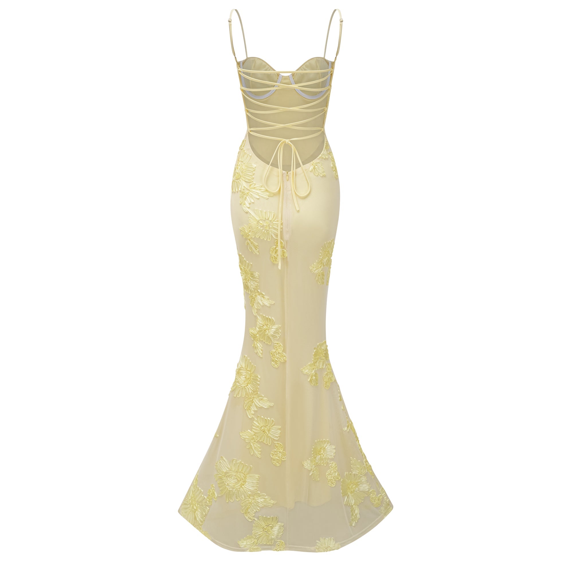 Théoline Yellow Floral Appliqué Corset Maxi Dress (Final Sale-US Only)