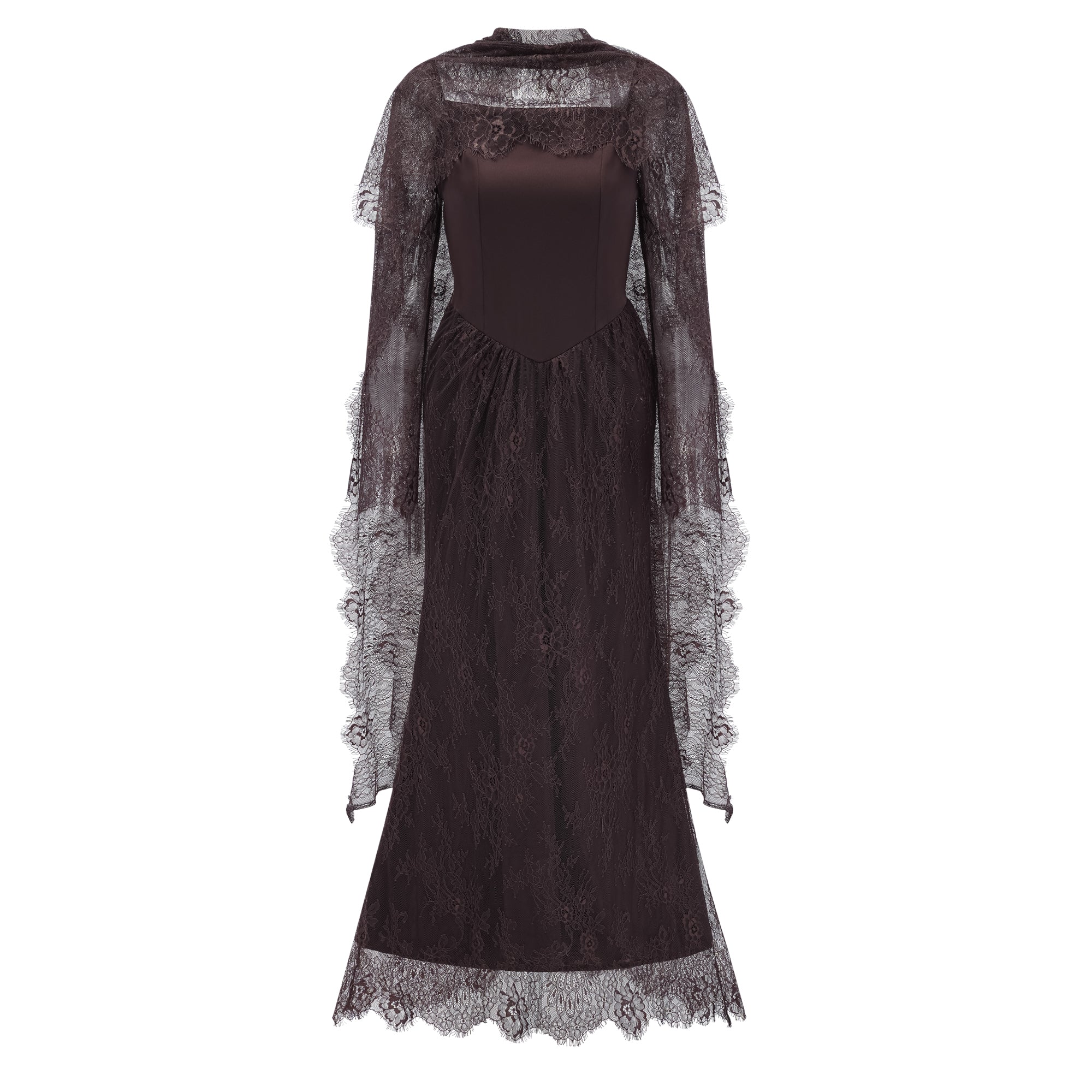 Christa Brown Floral Lace Maxi Dress with Cape