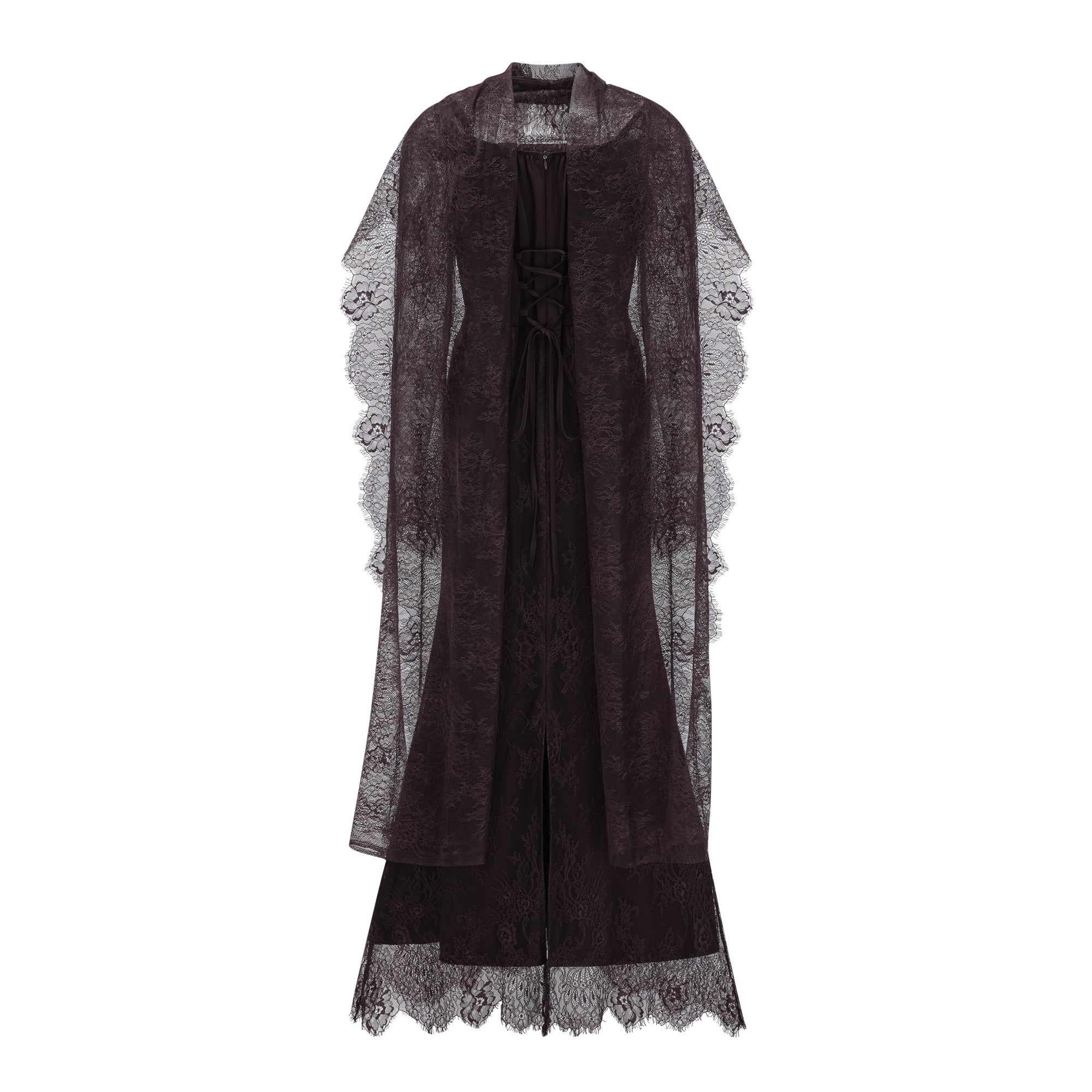 Christa Brown Floral Lace Maxi Dress with Cape