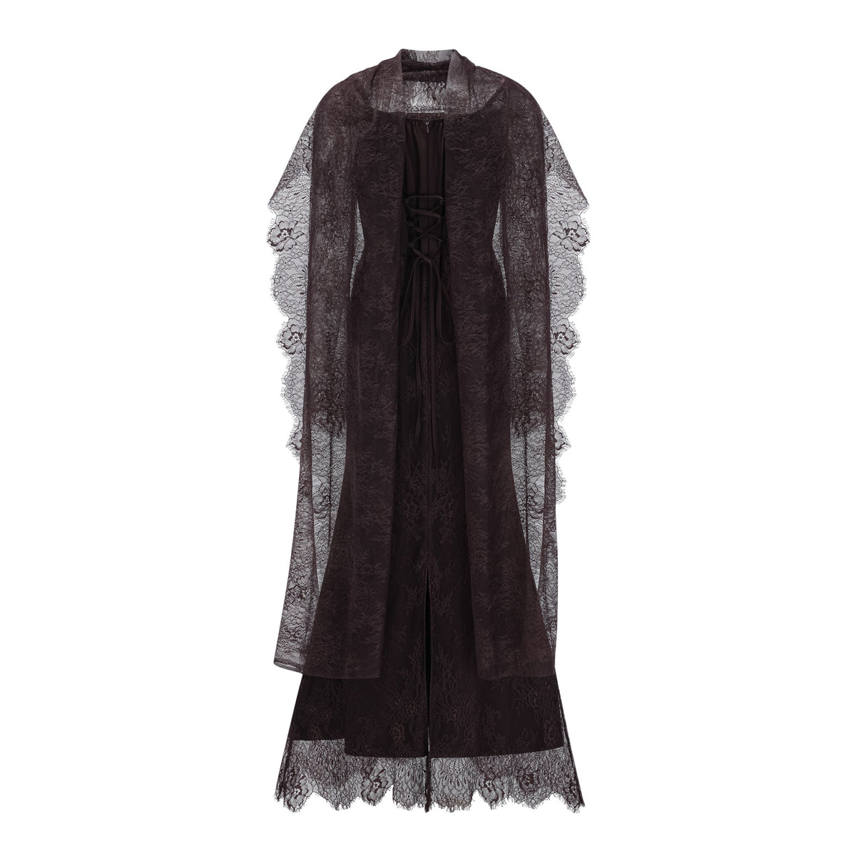 Christa Brown Floral Lace Maxi Dress with Cape