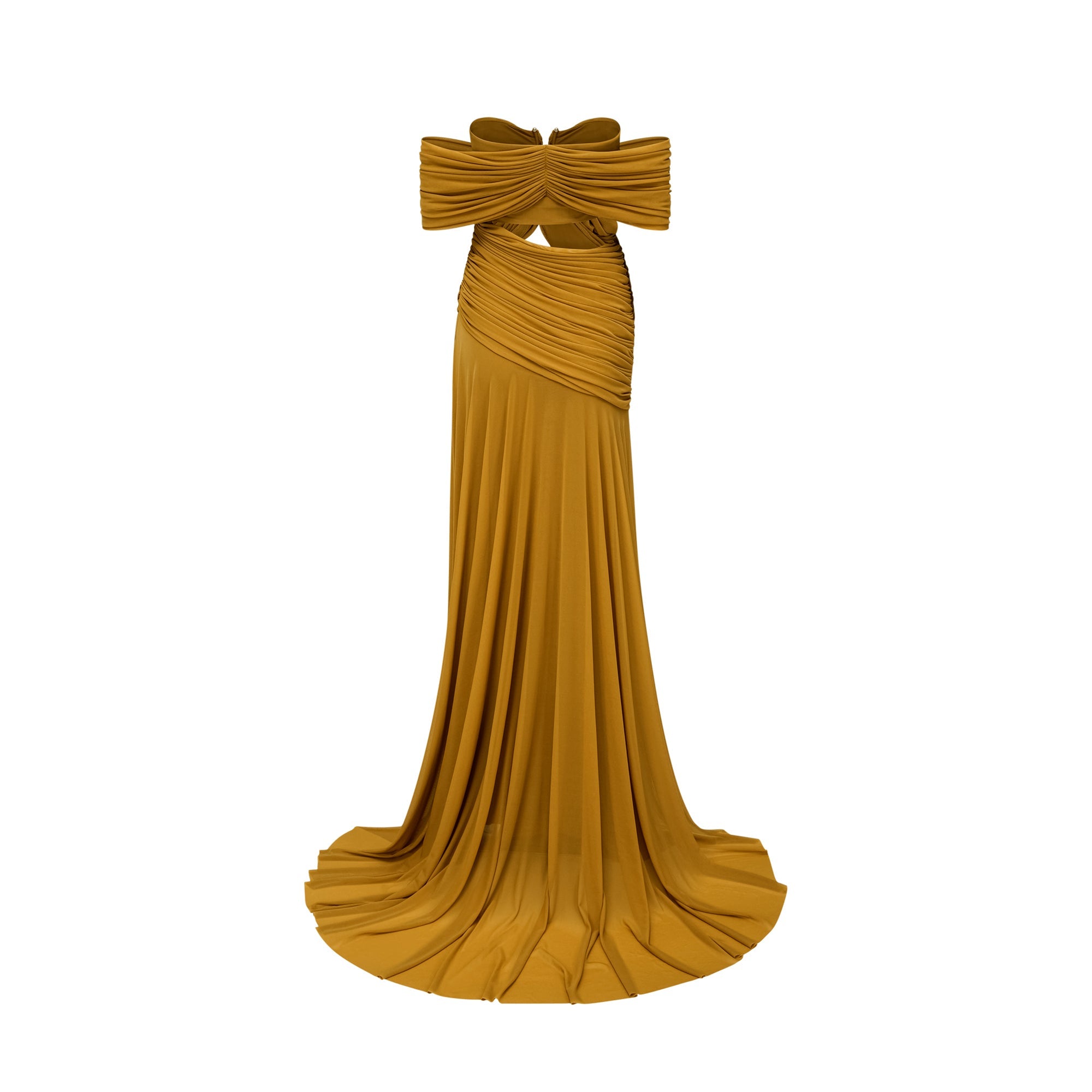 Ludivine Ocher Off-shoulder Cut-out Ruched Maxi Dress