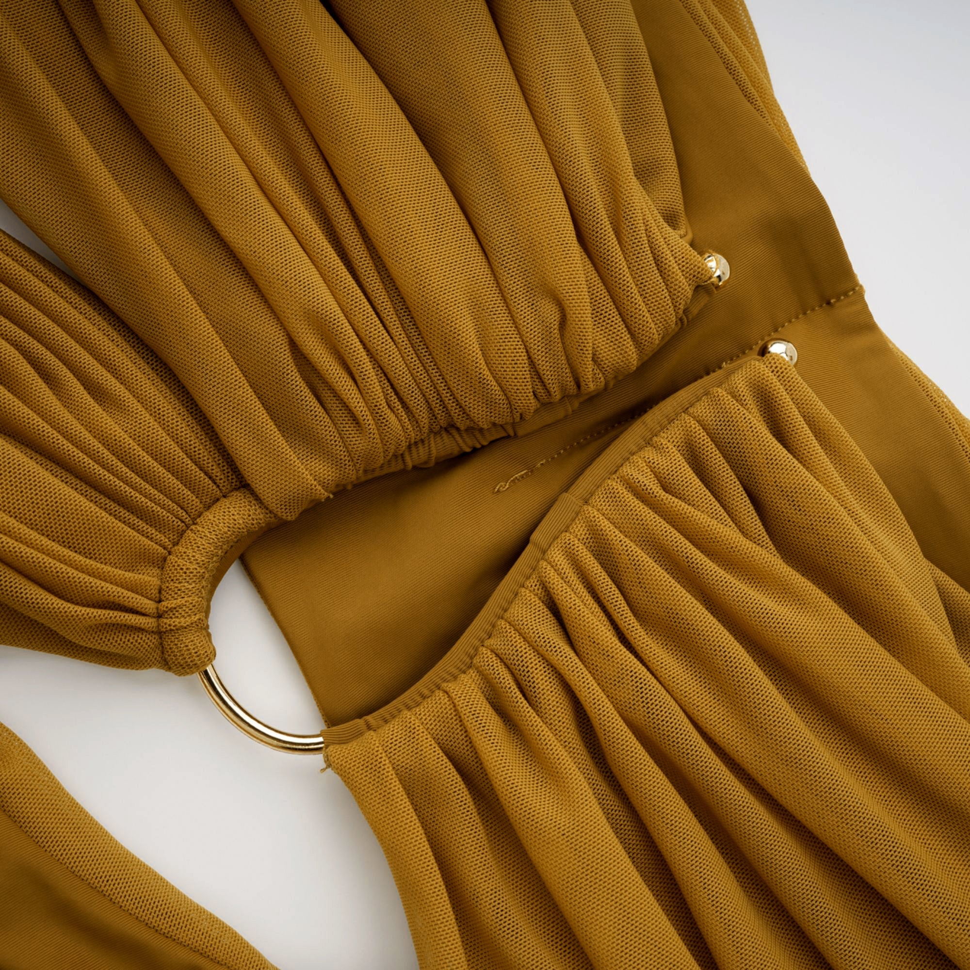 Ludivine ocher off-shoulder cut-out ruched maxi dress