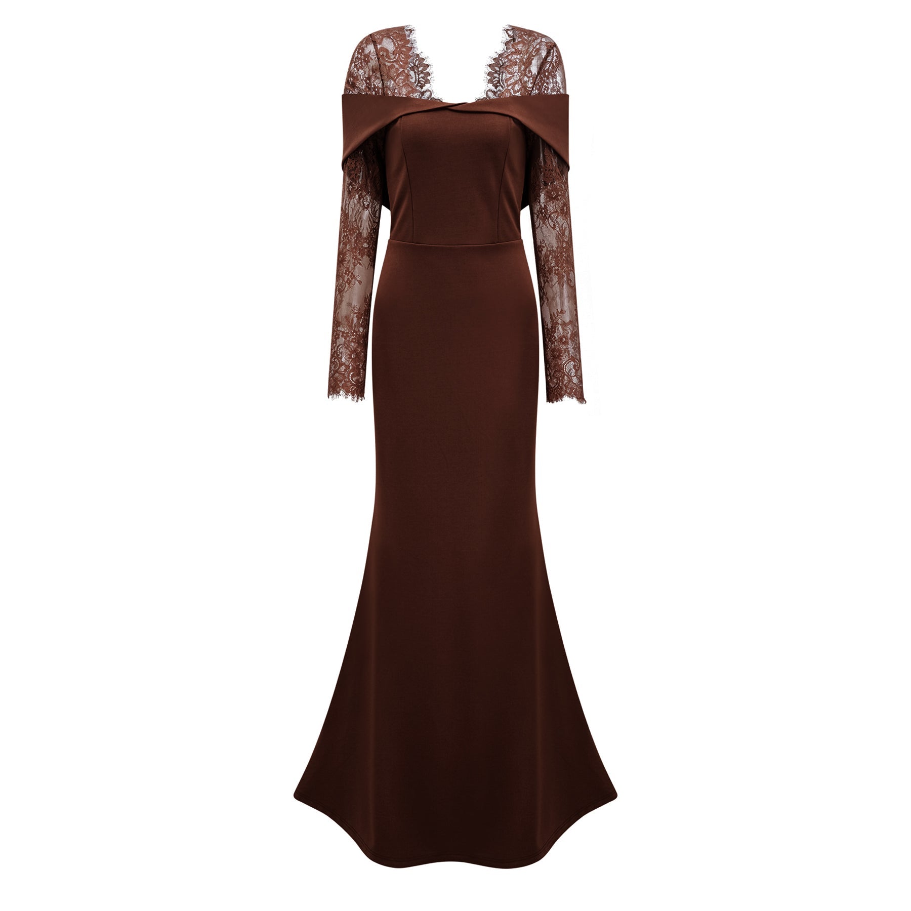 Georgiana Brown Lace Panel Flared Maxi Gown (Final Sale-US Only)