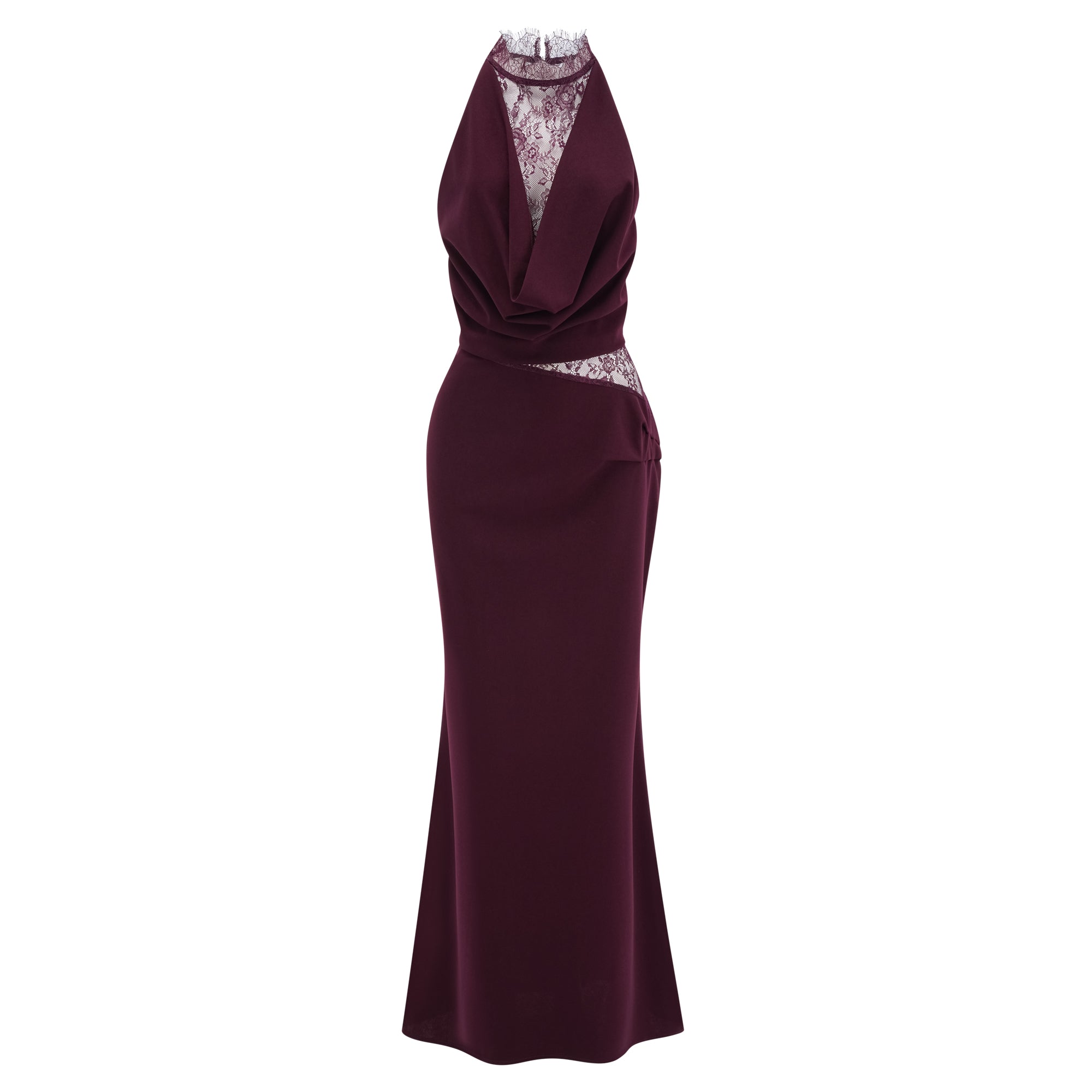 Gioconda Burgundy Halterneck Lace Panel Maxi Dress