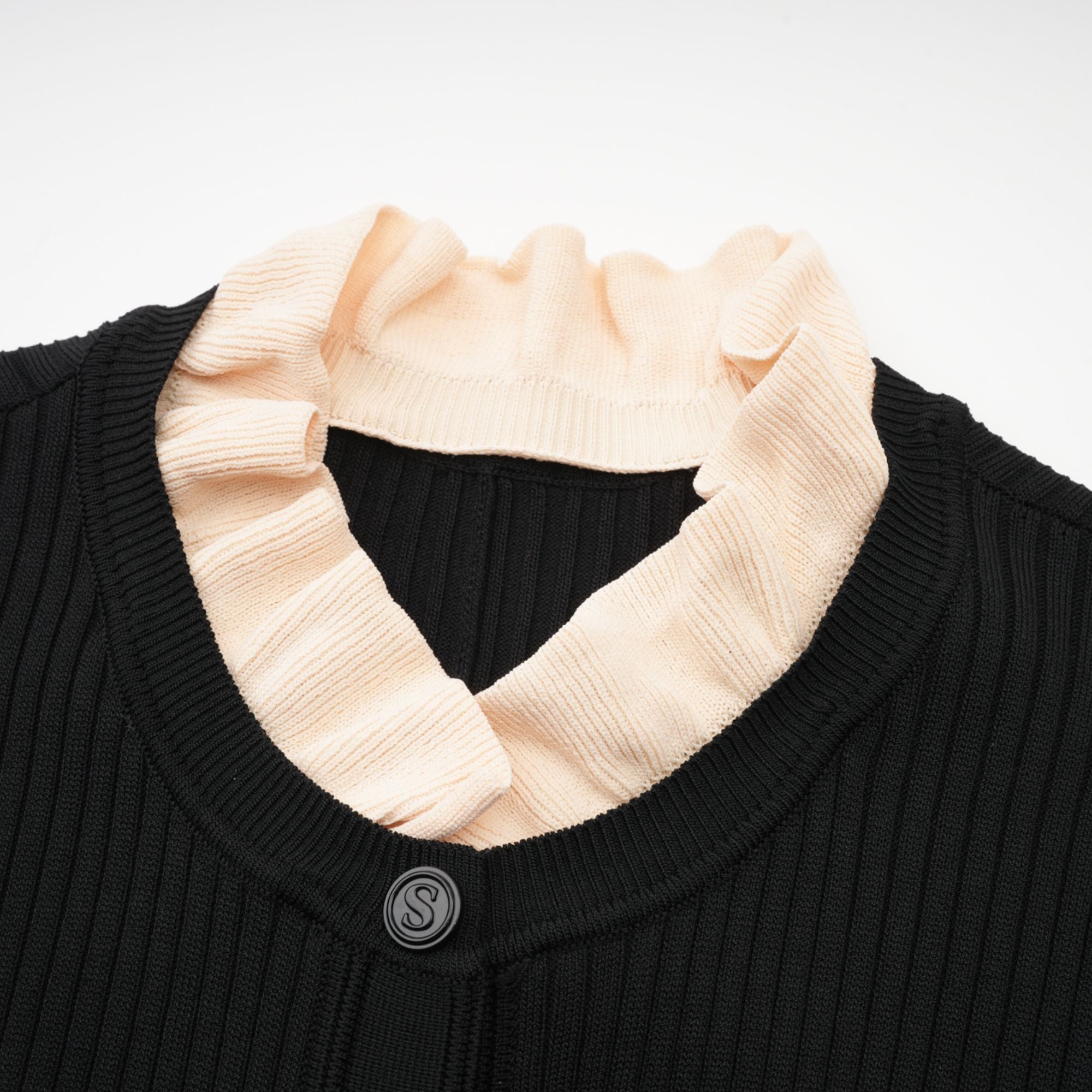 Nadège black ruffled-neck knitted midi dress - Black