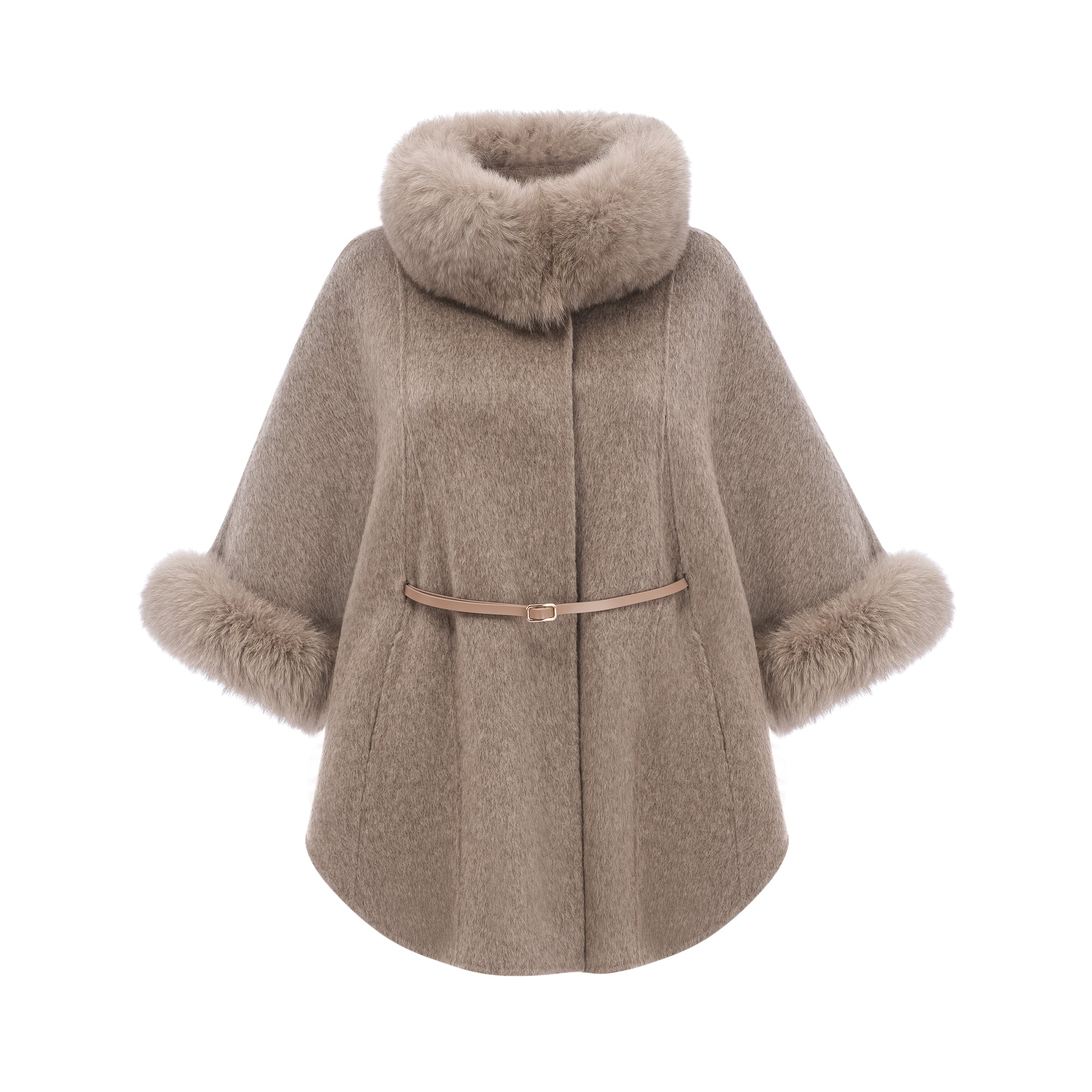Chloris wool fur belted cape coat in Brown (Final Sale-US Only)