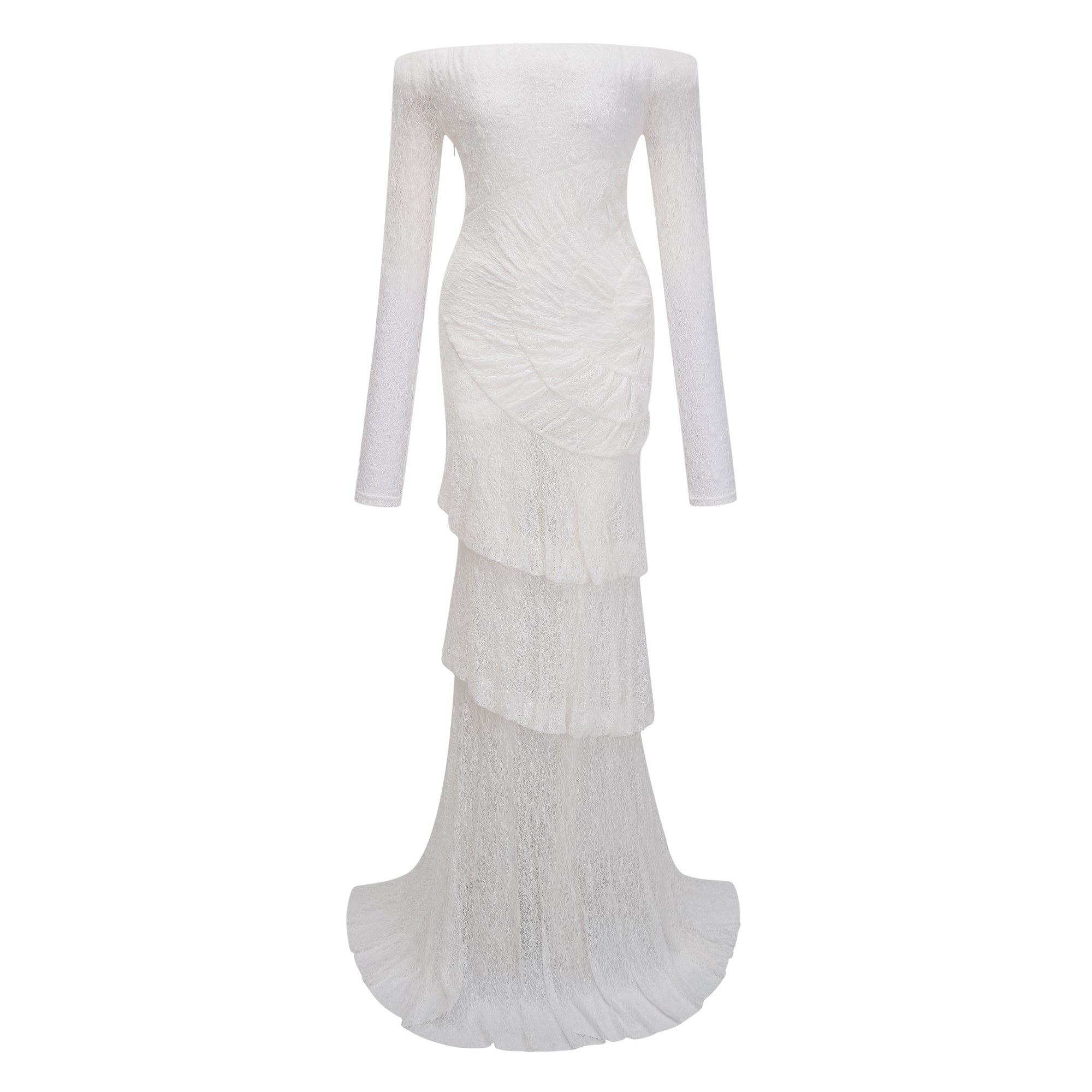 Étincelle White Ruched Lace Maxi Dress (Final Sale-US Only)
