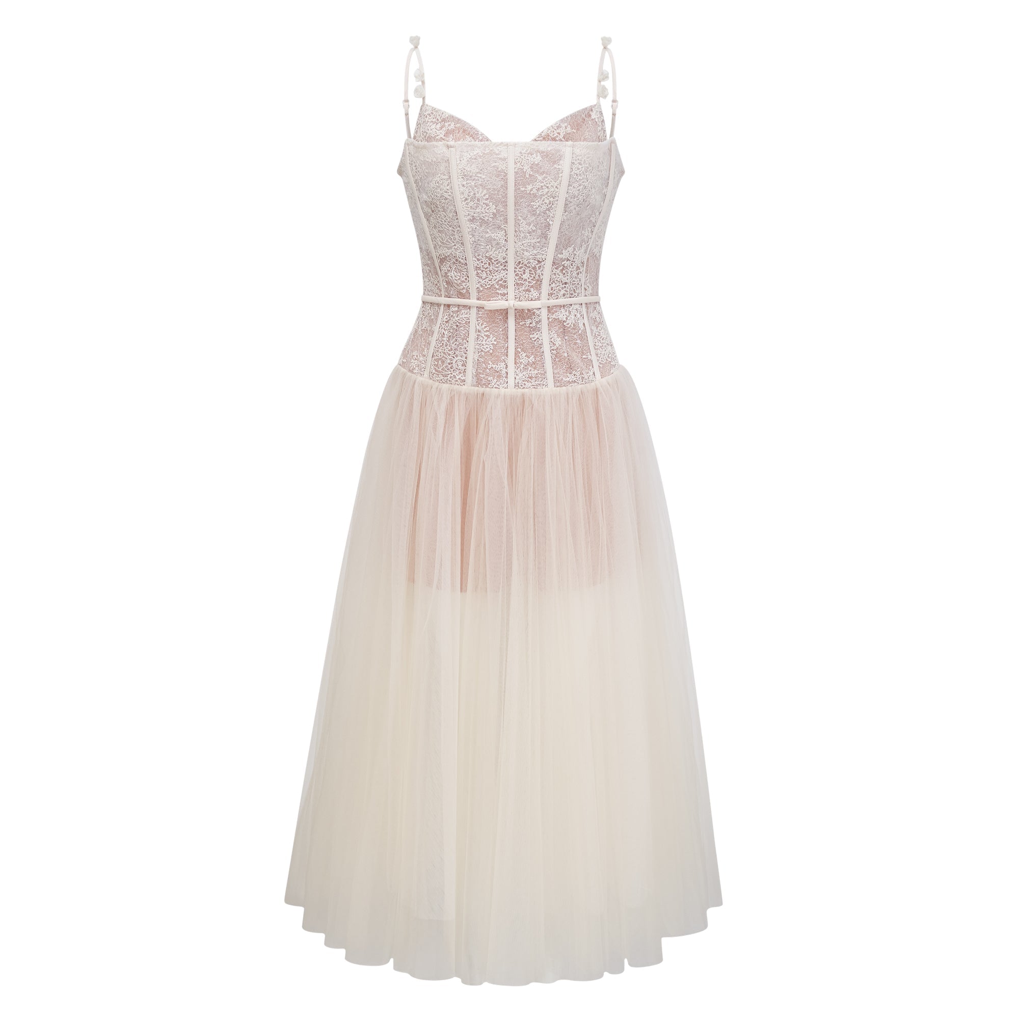 Mira Neutrals Lace Panel Tulle Midi Dress (Final Sale-US Only)