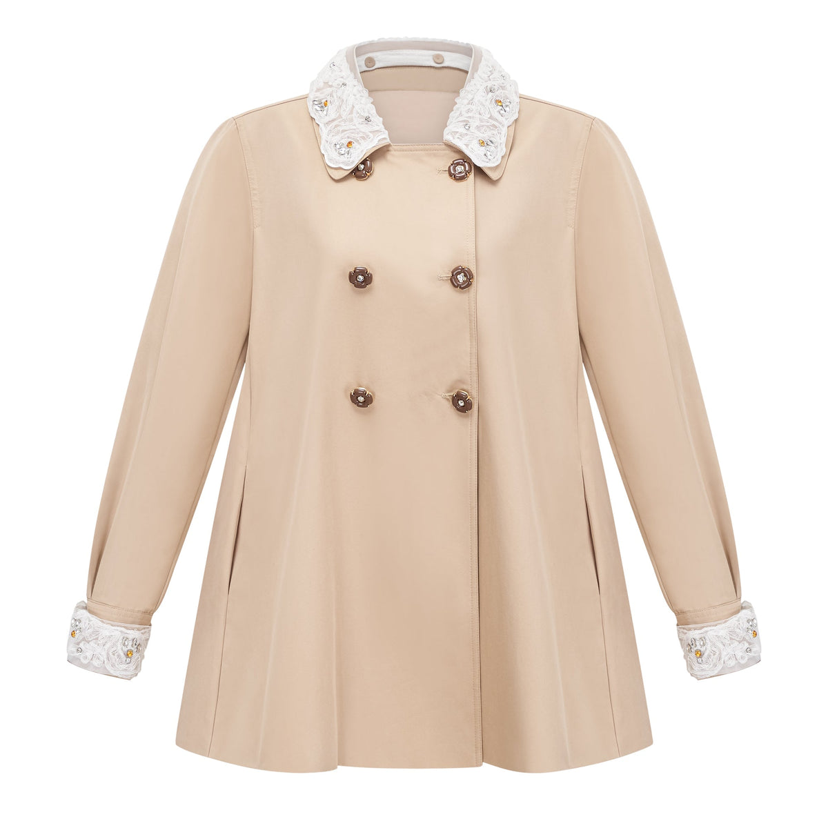 Marta Khaki Embellished Lace Trim Trench Coat