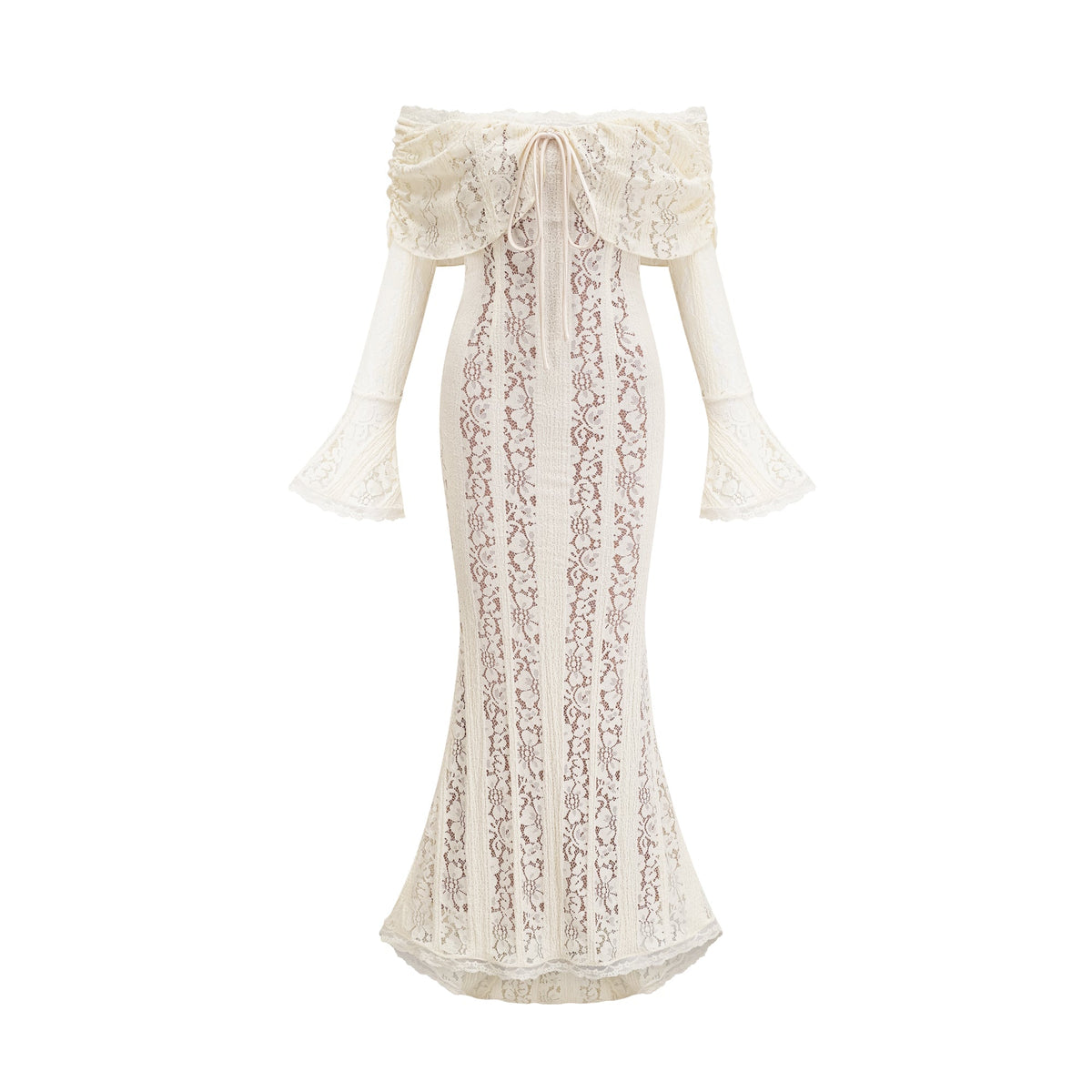Émeline floral lace train-design maxi dress in Neutrals