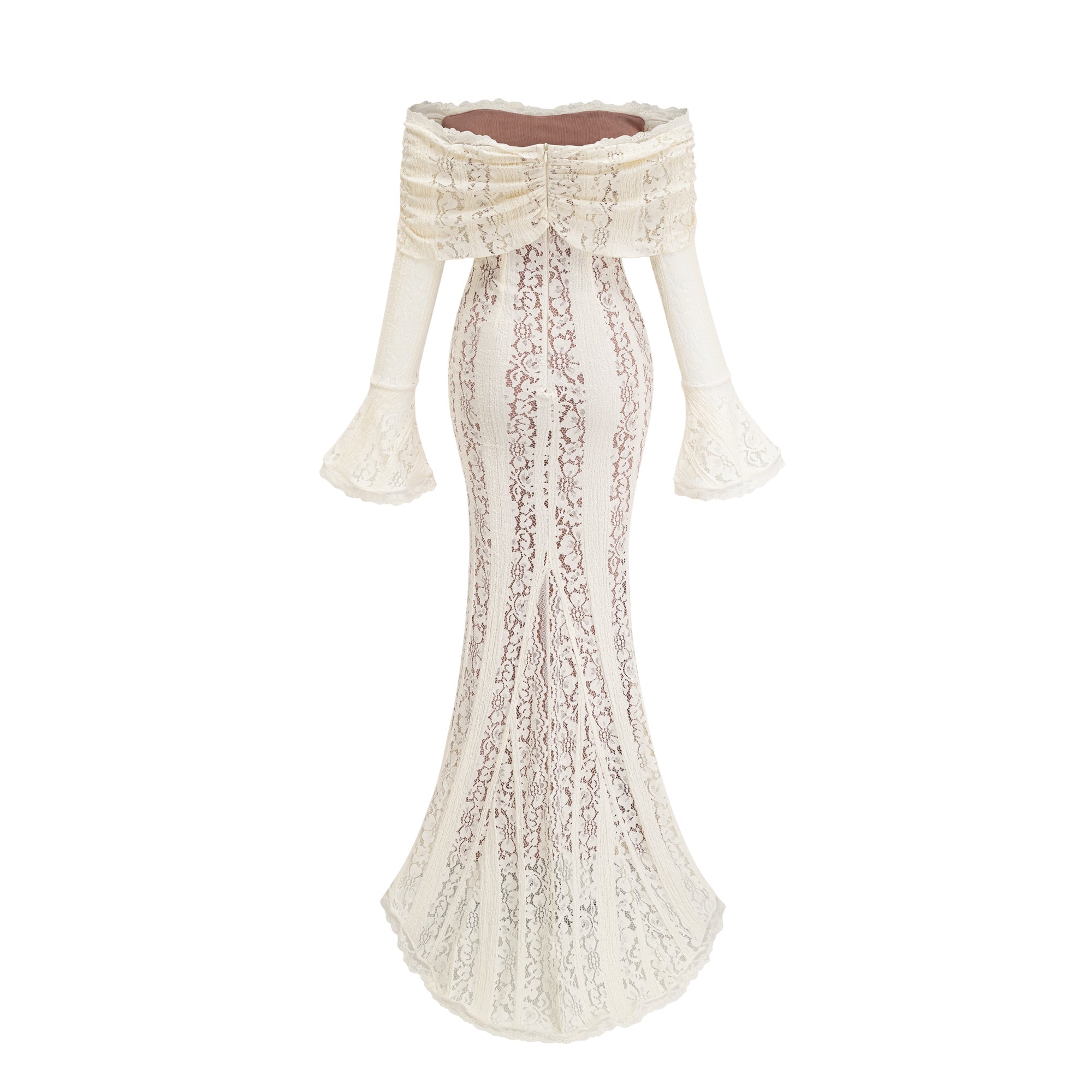 Émeline floral lace train-design maxi dress in Neutrals