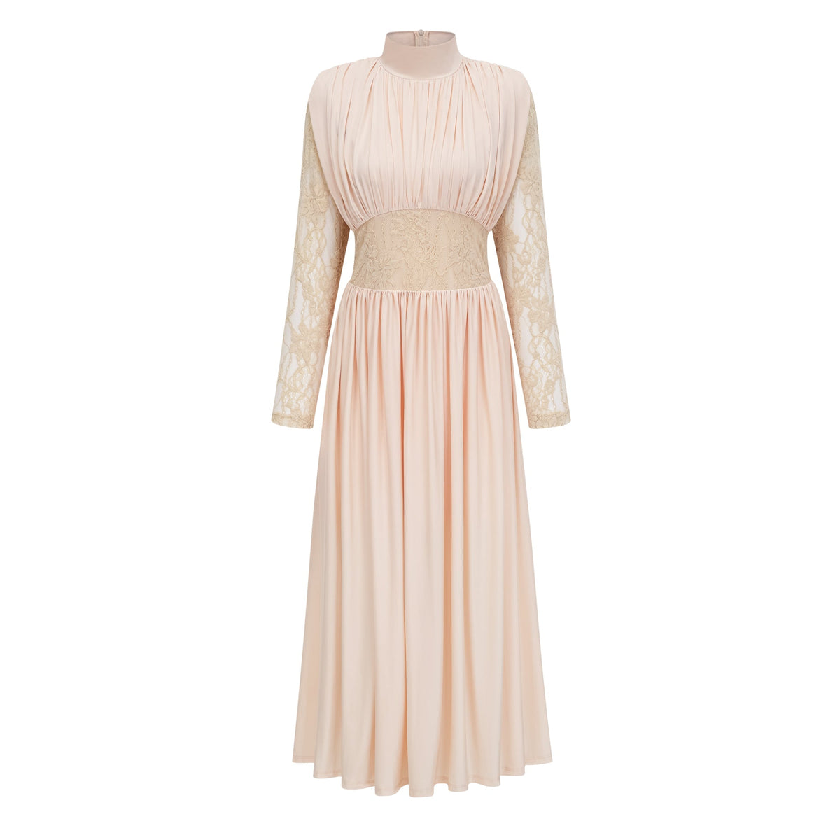 Karine Neutral Lace Panel Ruched Maxi Dress (Final Sale-US Only)