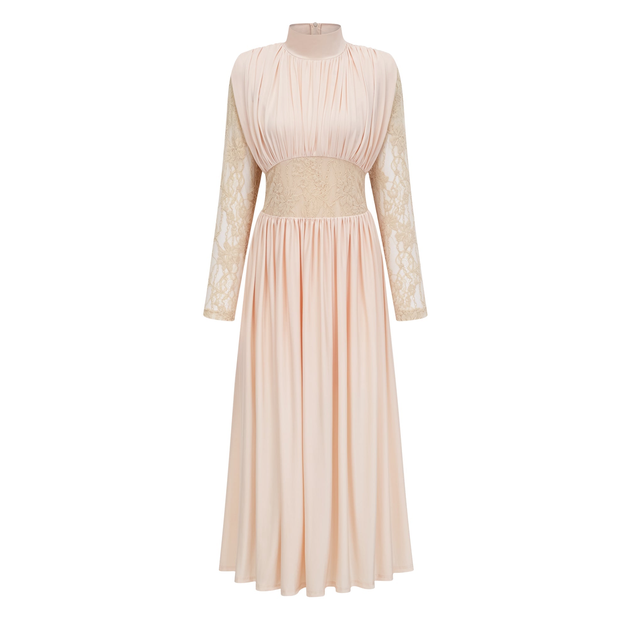 Karine Neutral Lace Panel Ruched Maxi Dress