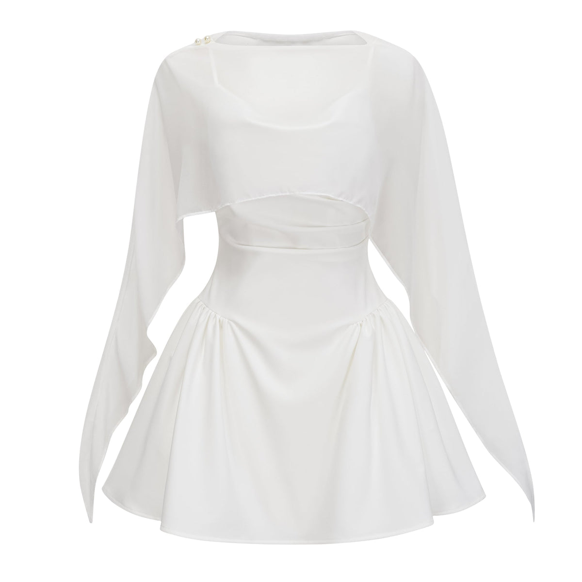 Sarah White Cinched Waist Mini Dress with Cape