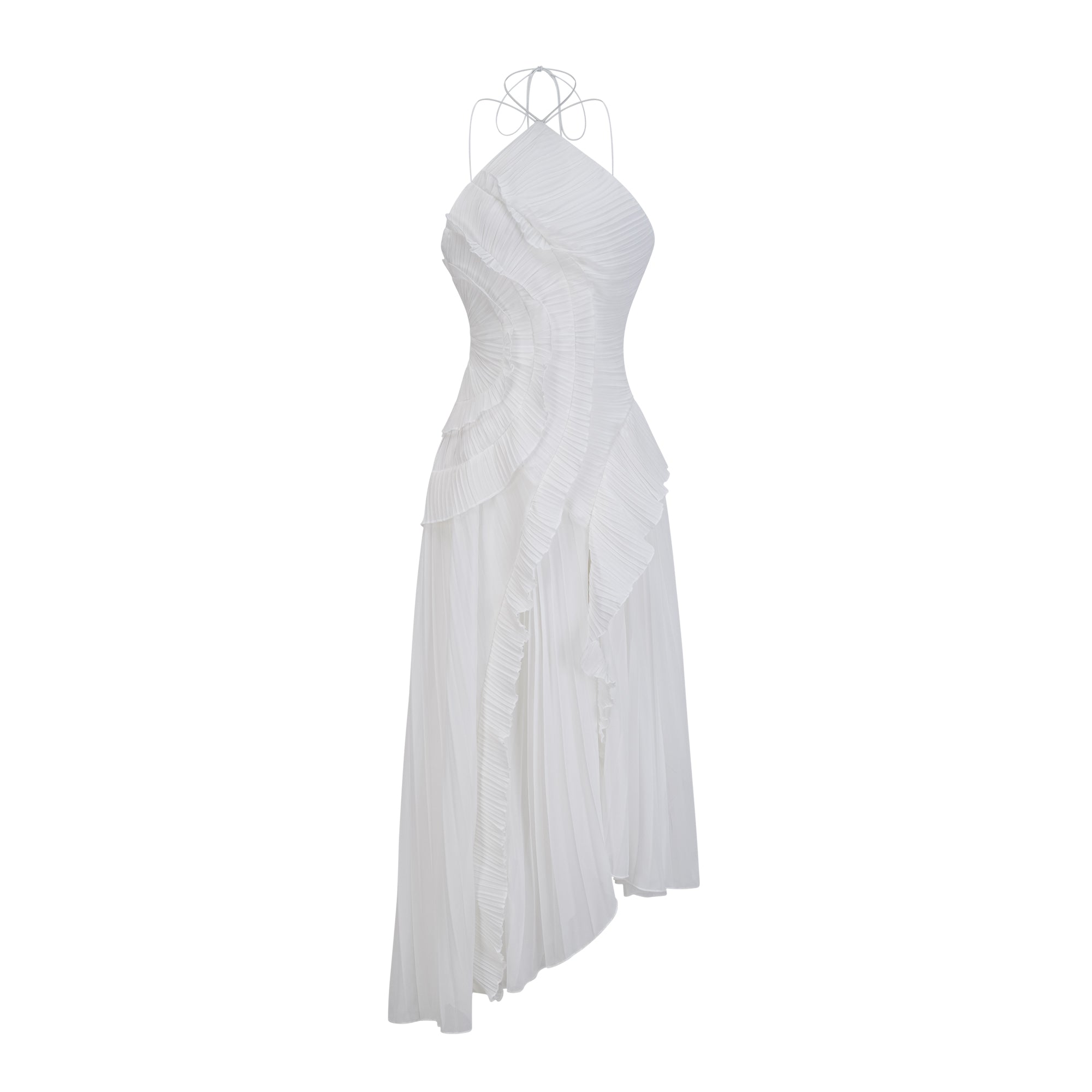 Doux White Ruffled Trim Pleated Midi Dress (Final Sale-US Only)