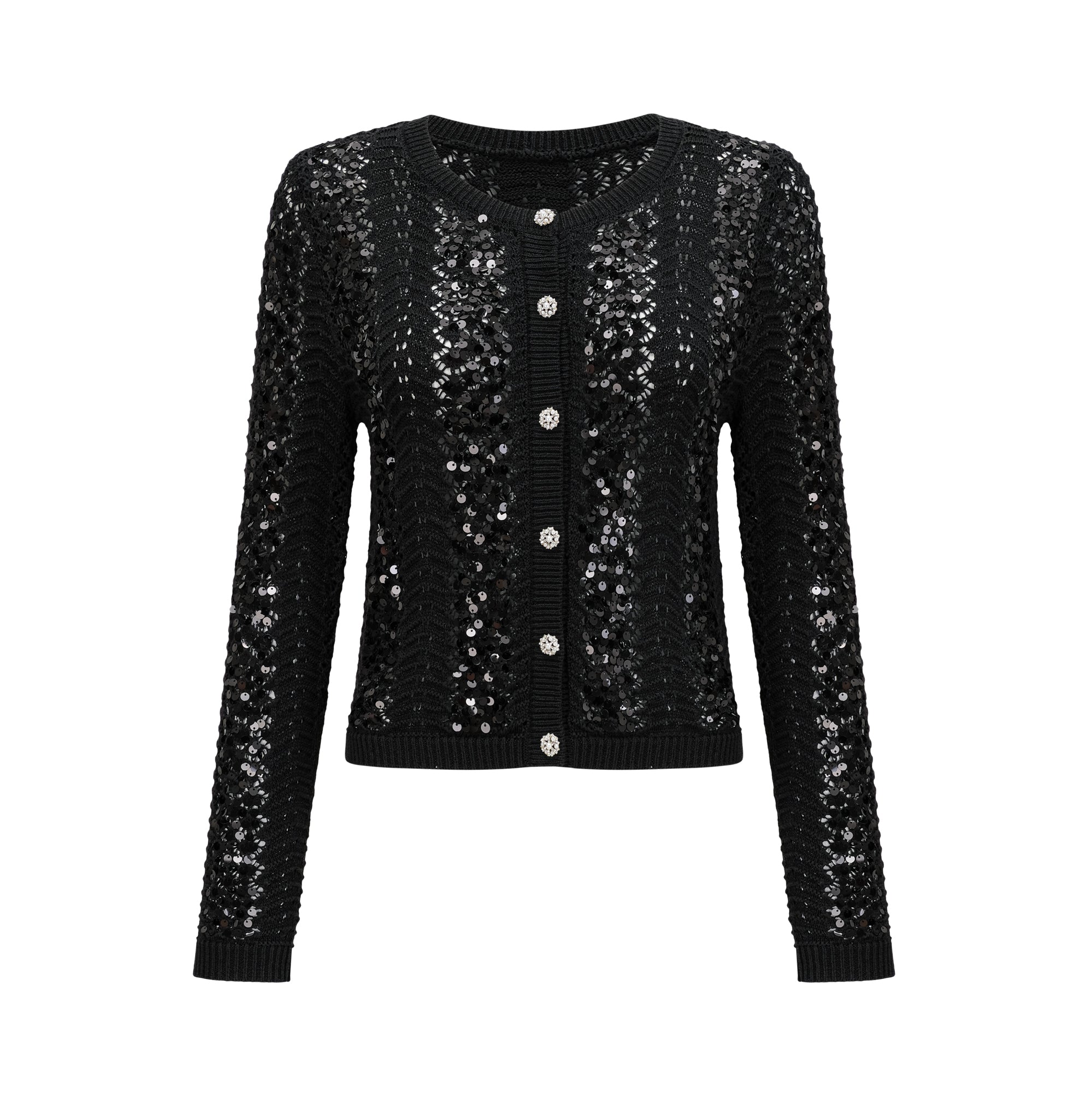 Ophelie black sequined crochet-knit cardigan & skirt matching set