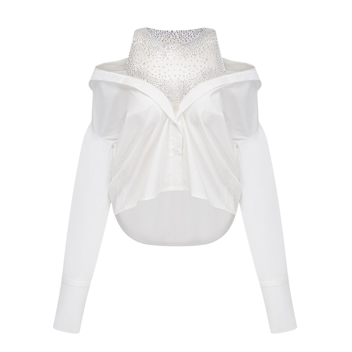 Fernande White Rhinestone Mesh Panel Shirt